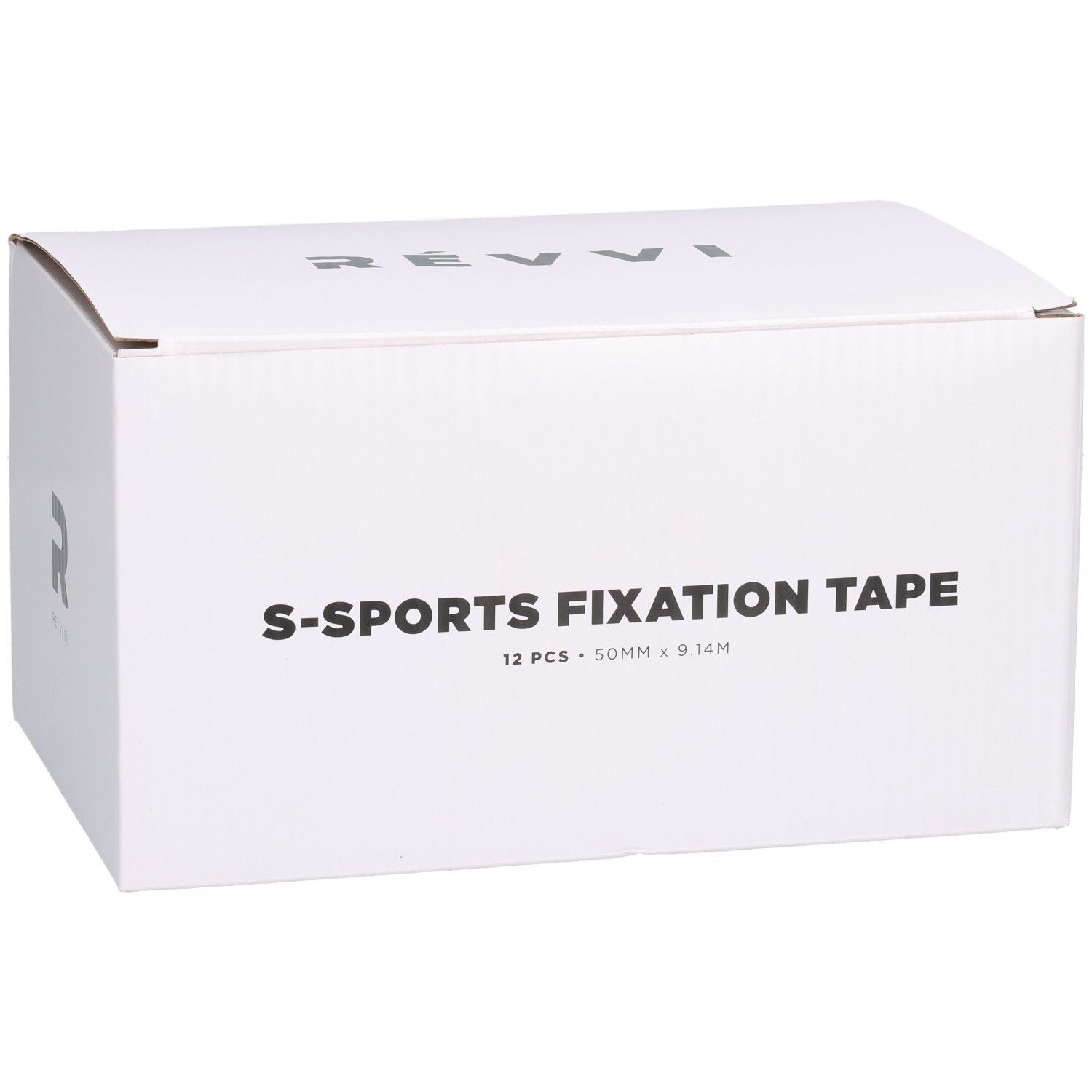Witte doos met tekst S-SPORTS FIXATION TAPE, 12 stuks, 50 mm x 9,14 m. Logo Révvi.