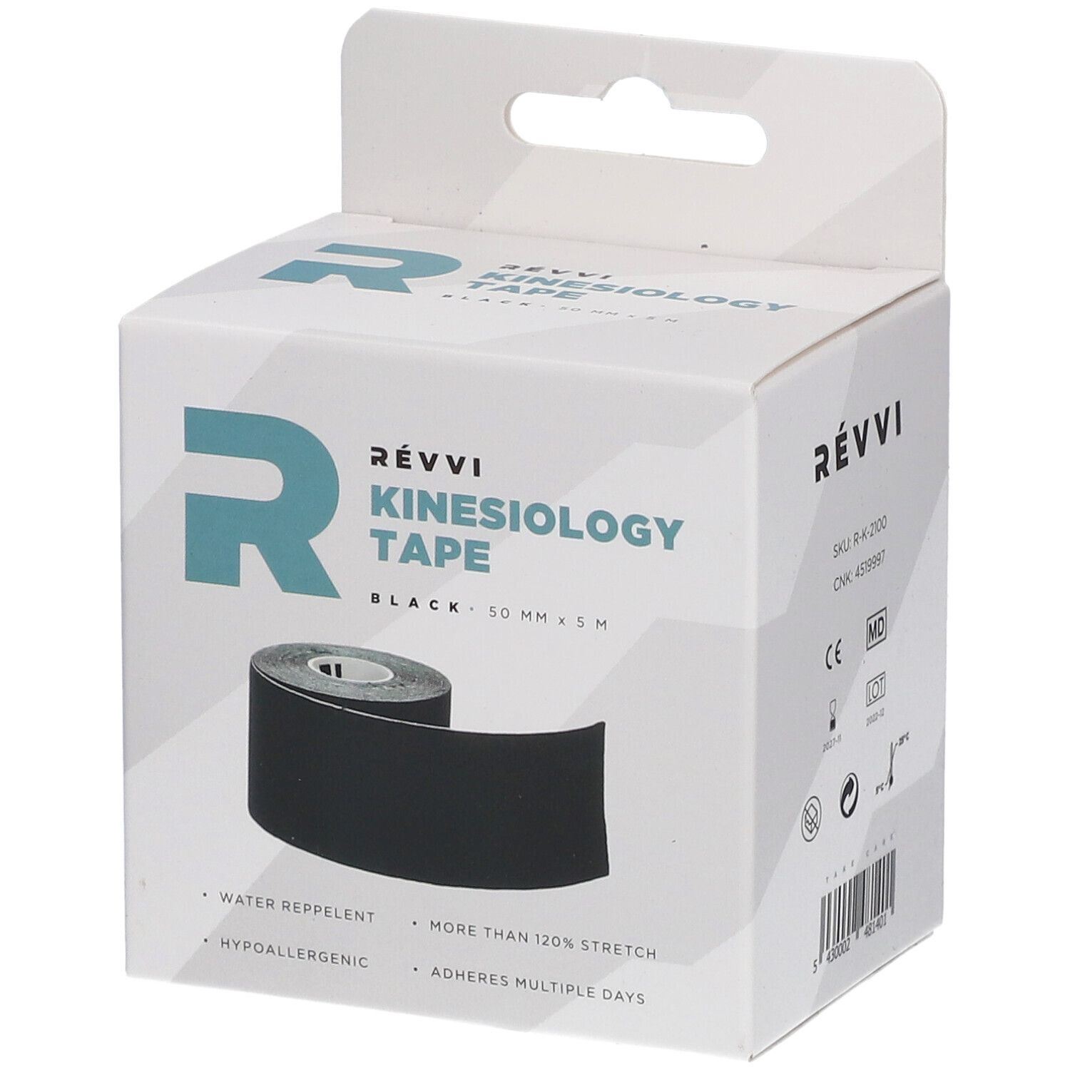 Zwarte kinesiotape in witte verpakking. Opschrift: RÉVVI Kinesiology Tape, 50 mm x 5 m.