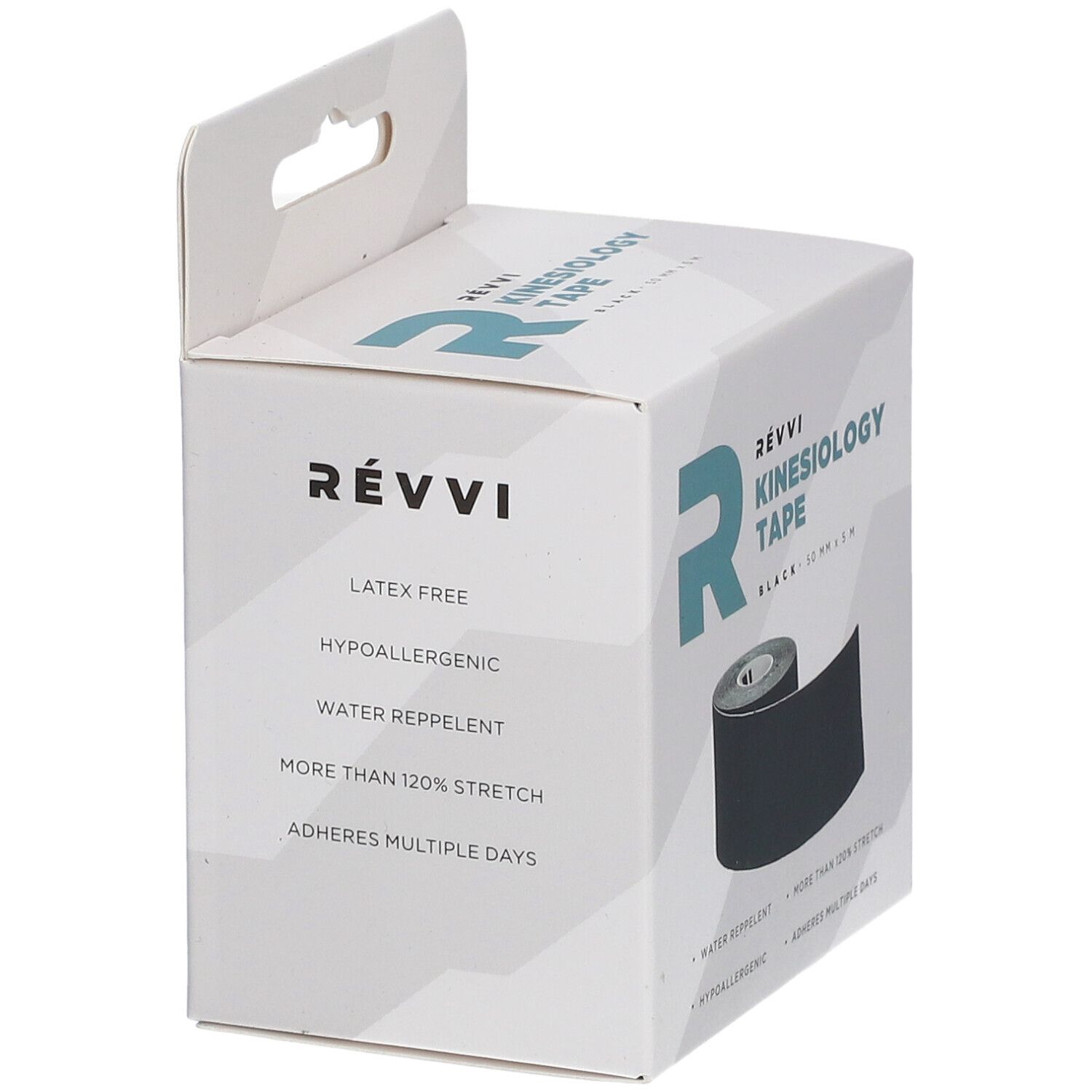 Witte verpakking met zwarte kinesiotape. Opschrift: RÉVVI Kinesiology Tape, eigenschappen.