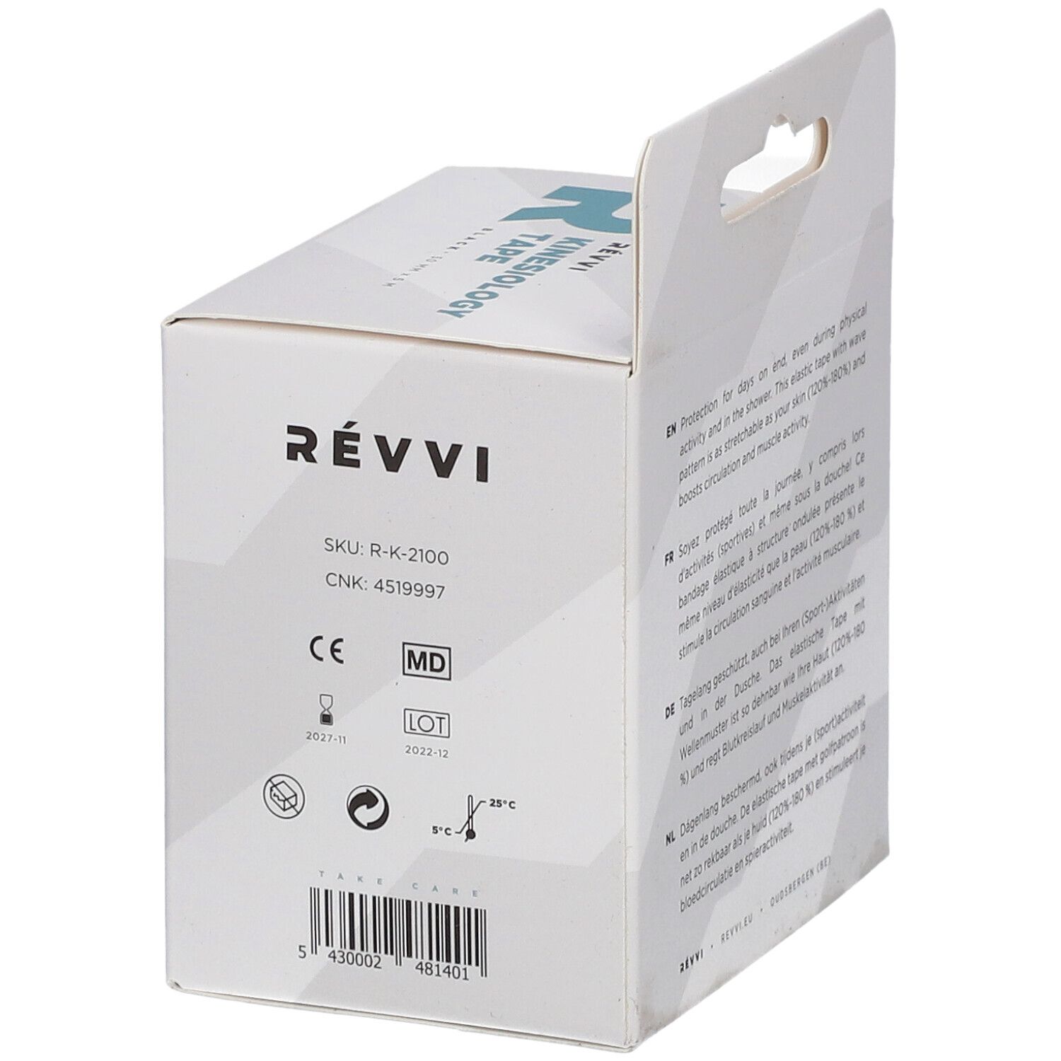 Achterkant van de verpakking met productinformatie. RÉVVI Kinesiology Tape.