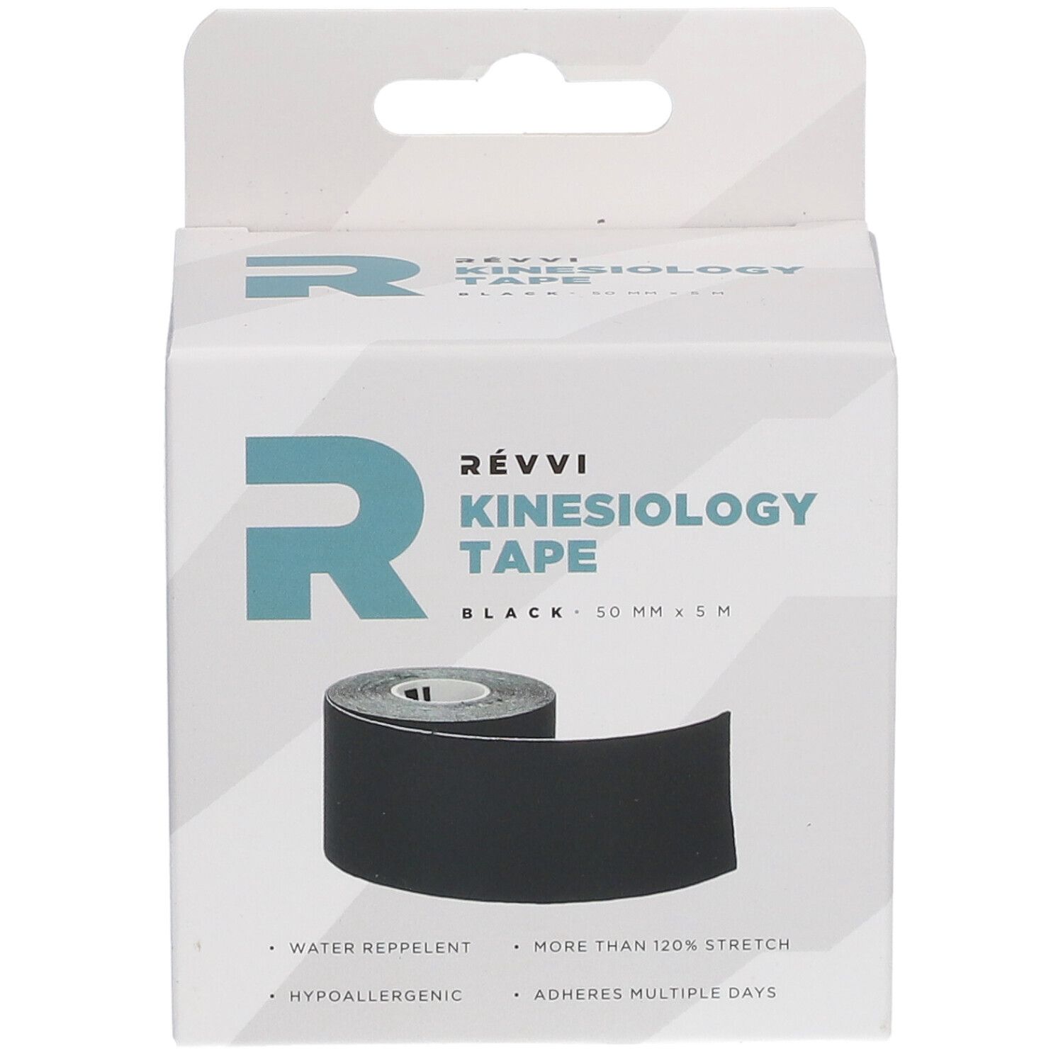 Witte verpakking met zwarte kinesiotape. Opschrift: RÉVVI Kinesiology Tape, 50 mm x 5 m.