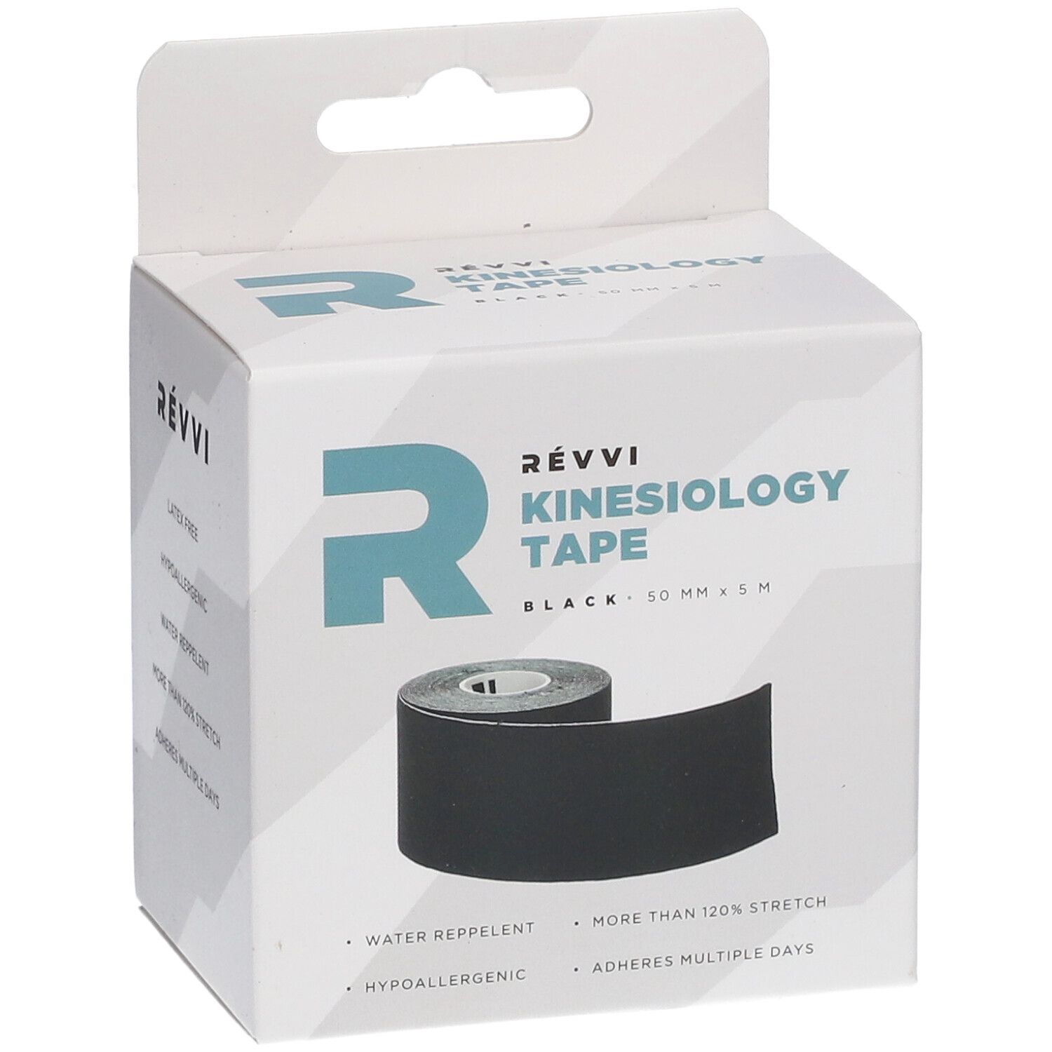 Witte verpakking met zwarte kinesiotape. Opschrift: RÉVVI Kinesiology Tape, 50 mm x 5 m.