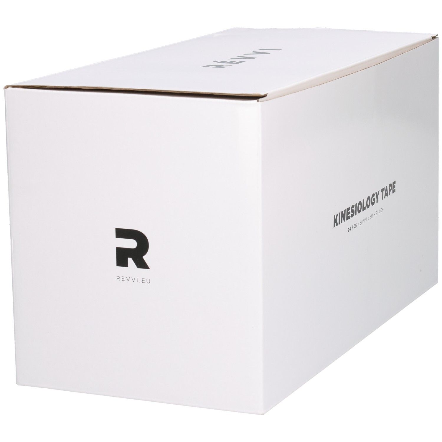 Witte doos met opschrift KINESIOLOGY TAPE. Logo en merknaam. Bevat 24 stuks, 50mm x 5m, zwart.