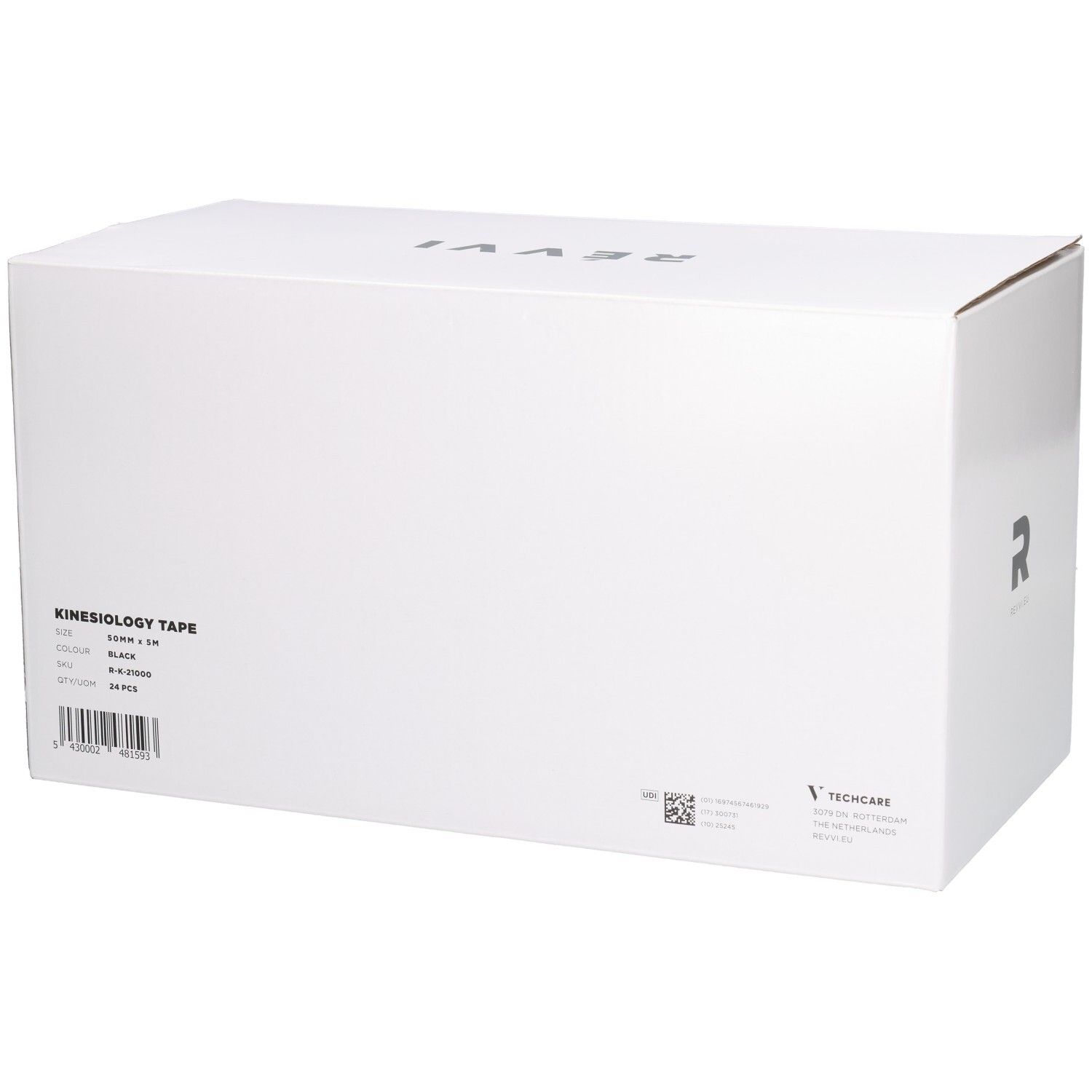 Witte doos met opschrift KINESIOLOGY TAPE. Logo en merknaam. Bevat 24 stuks, 50mm x 5m, zwart.