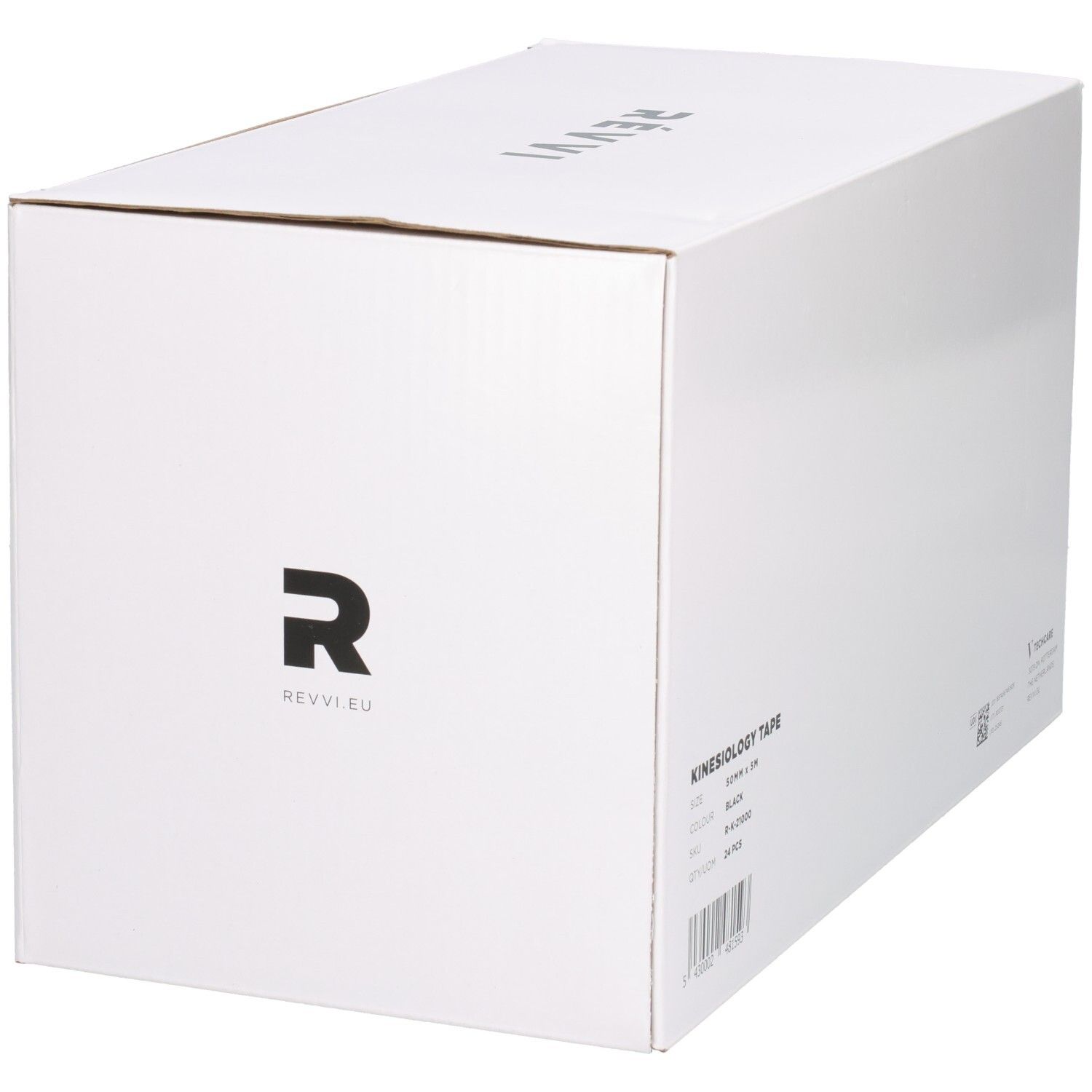 Witte doos met opschrift KINESIOLOGY TAPE. Logo en merknaam. Bevat 24 stuks, 50mm x 5m, zwart.