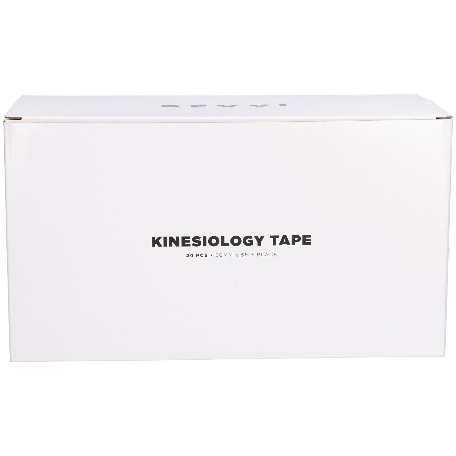 Witte doos met opschrift KINESIOLOGY TAPE. Bevat 24 stuks, 50mm x 5m, zwart. Logo en merknaam.