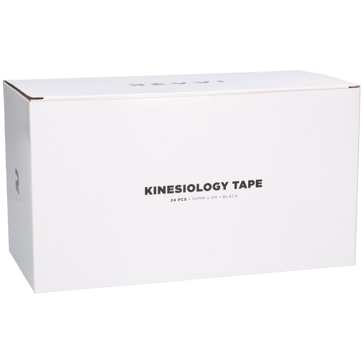 Witte doos met opschrift KINESIOLOGY TAPE. Bevat 24 stuks, 50mm x 5m, zwart. Logo en merknaam.