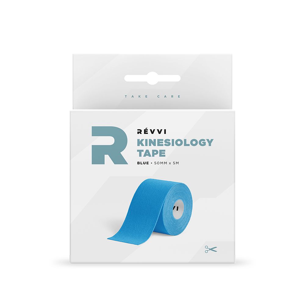 RÉVVI Kinesiology Tape Bleu. Rouleau bleu dans emballage blanc. 50 mm x 5 m. Symbole de ciseaux.