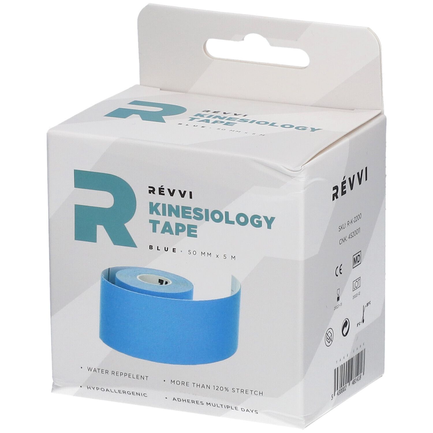 RÉVVI Kinesiology Tape Bleu. Blauwe rol in witte verpakking. 50 mm x 5 m. Waterafstotend, meer dan 120% stretch.
