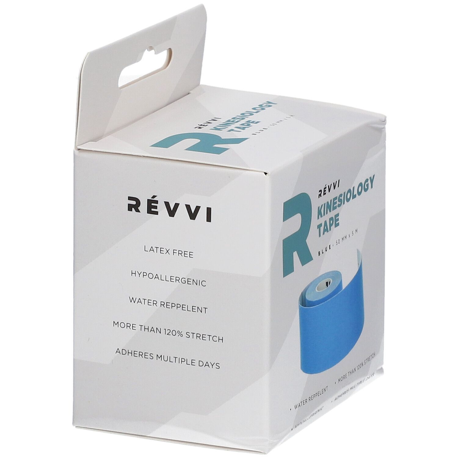 RÉVVI Kinesiology Tape Bleu. Blauwe rol in witte verpakking. Latexvrij, hypoallergeen, waterafstotend, meer dan 120% stretch.