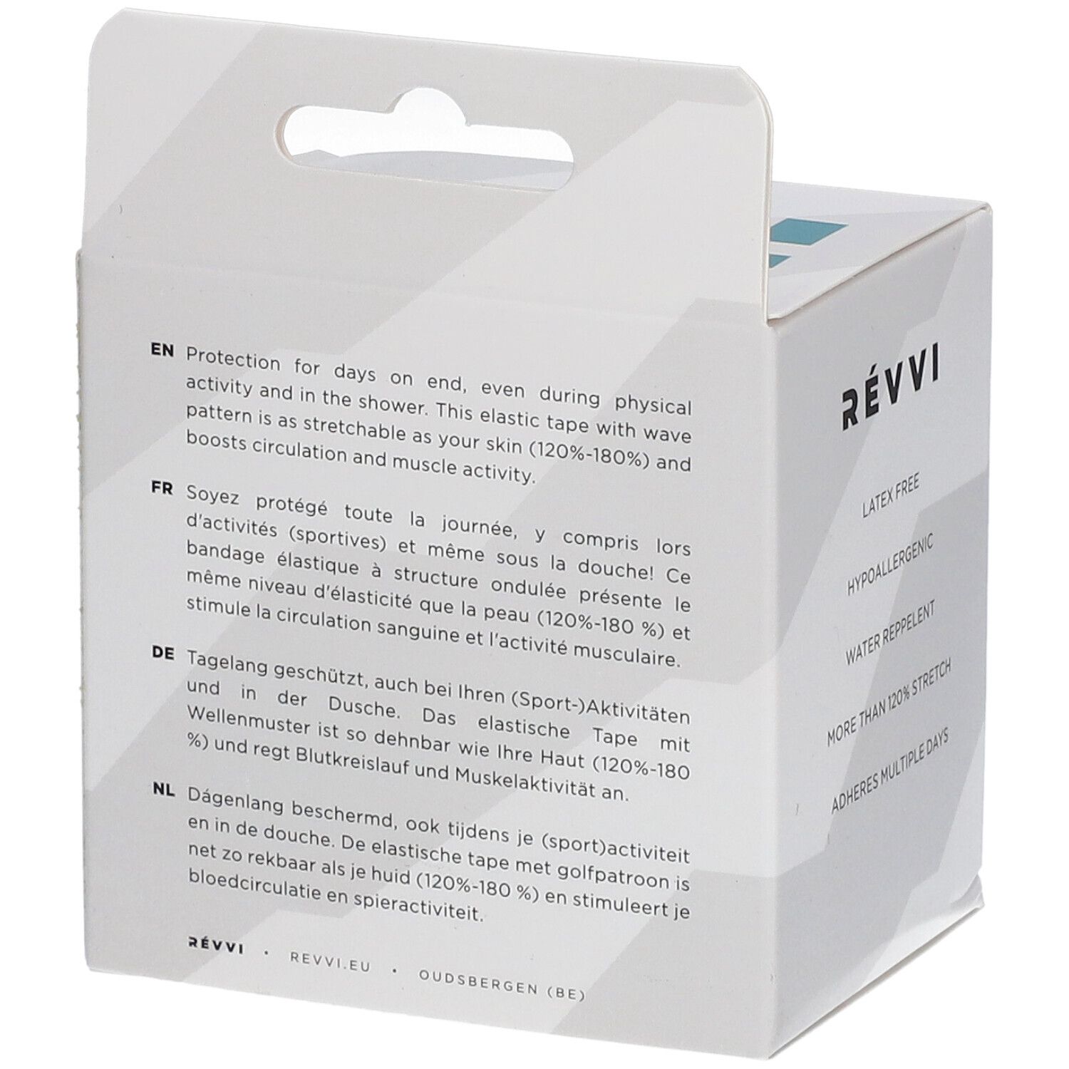 RÉVVI Kinesiology Tape Bleu. Verpakking met tekst in het Duits, Frans, Nederlands en Engels. Latexvrij, waterafstotend.