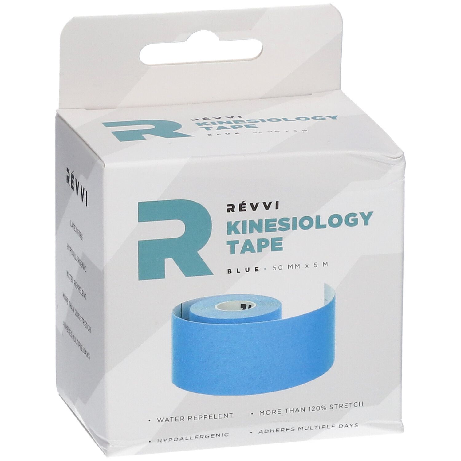 RÉVVI Kinesiology Tape Bleu. Blauwe rol in witte verpakking. 50 mm x 5 m. Waterafstotend, meer dan 120% stretch.