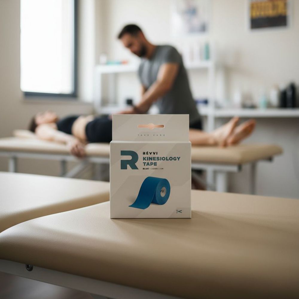 RÉVVI Kinesiology Tape Bleu. Emballage du produit sur table de traitement. Personne en arrière-plan.
