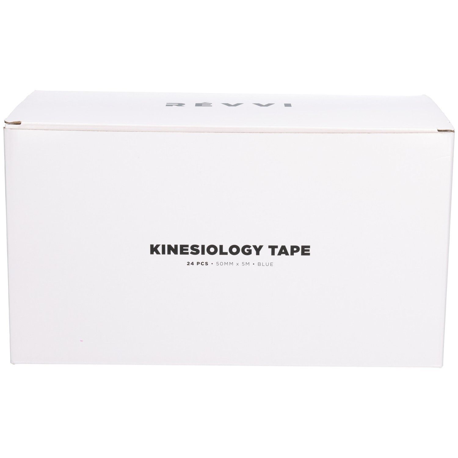 Witte doos met tekst Kinesiology Tape. Bevat 24 stuks. Blauwe kleur. Merk RÉVVI bovenaan.