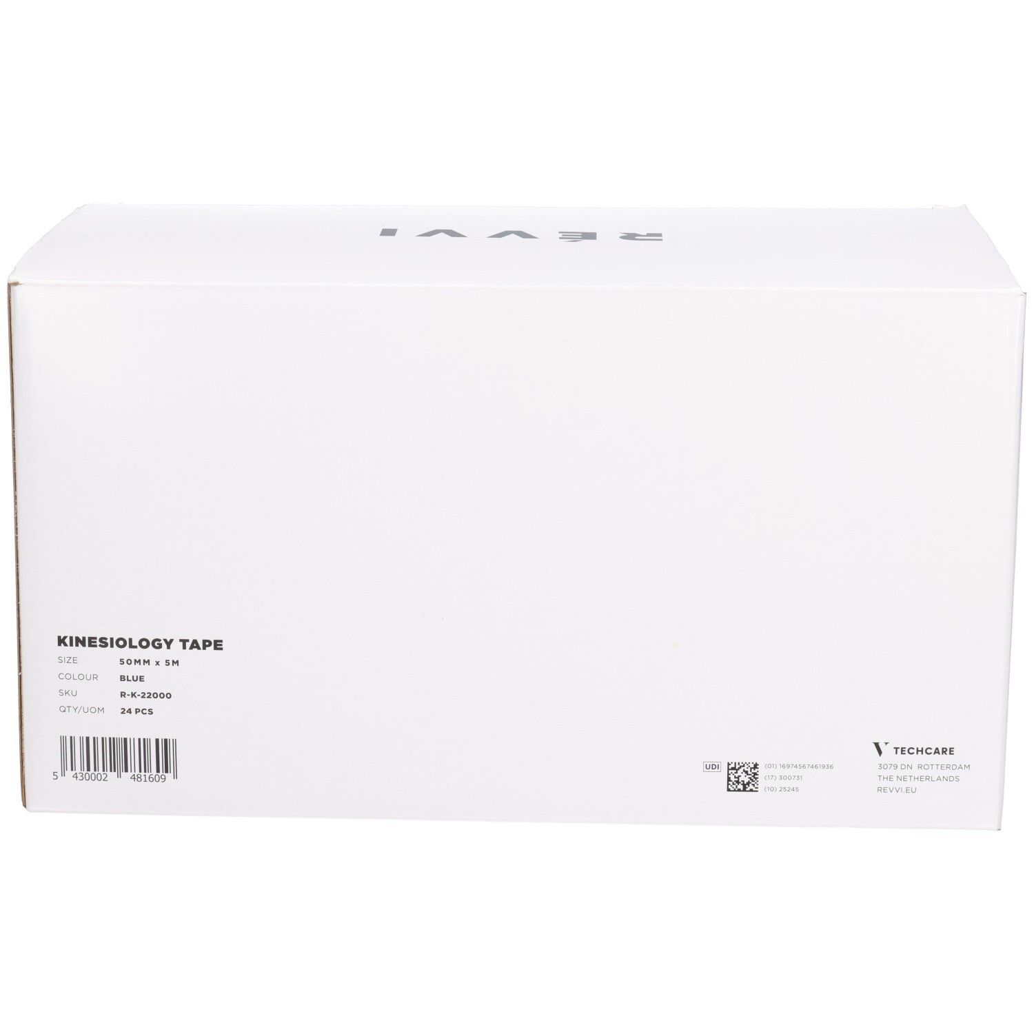 Witte doos met tekst Kinesiology Tape. Bevat 24 stuks. Blauwe kleur. Merk RÉVVI bovenaan.