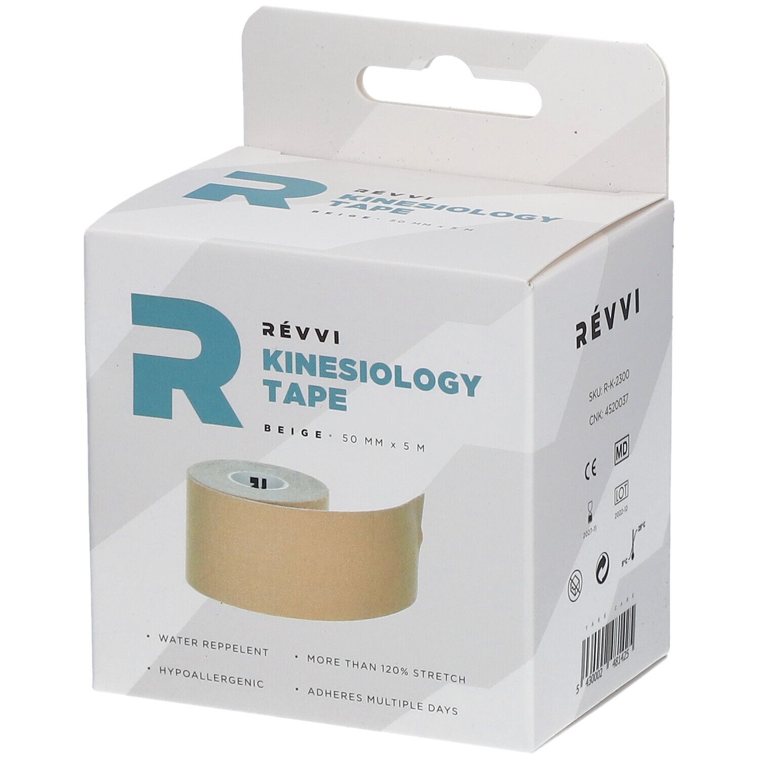 Beige kinesiotape in verpakking. Merk RÉVVI. 50 mm x 5 m. Waterafstotend, hypoallergeen, rekbaar.