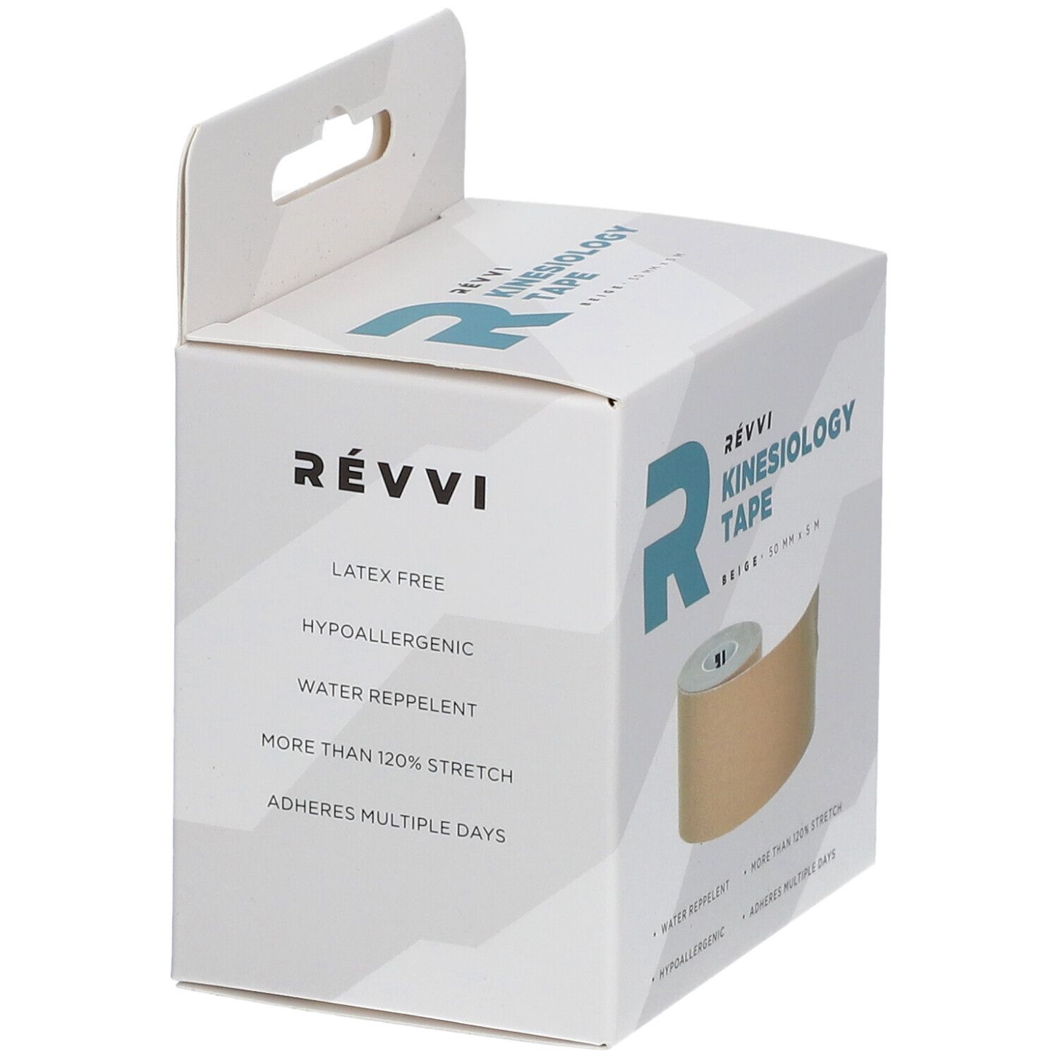 Verpakking met kinesiotape. Merk RÉVVI. Beige. Eigenschappen: latexvrij, hypoallergeen, waterafstotend, rekbaar.