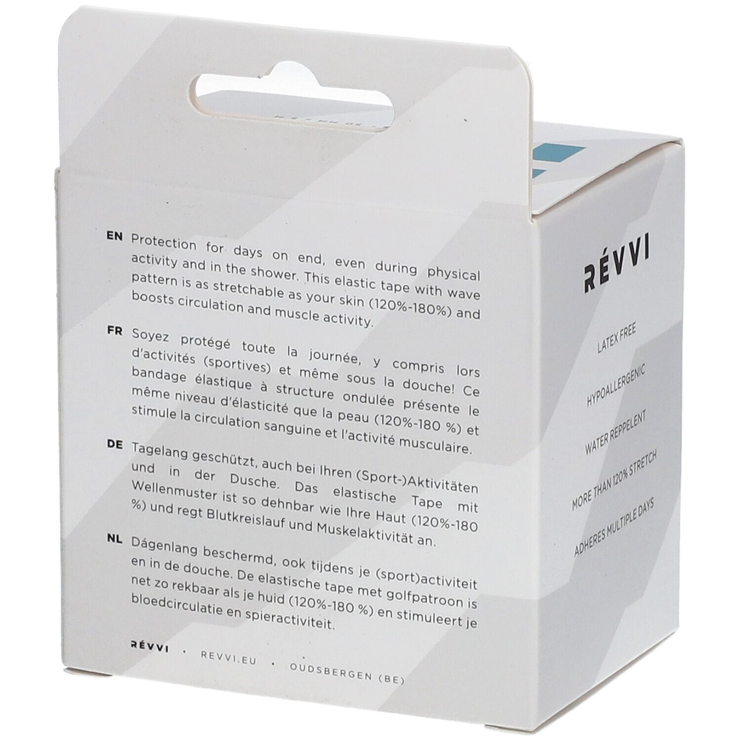 Achterkant van de verpakking met meertalige tekst. Kinesiotape. Merk RÉVVI. Eigenschappen.