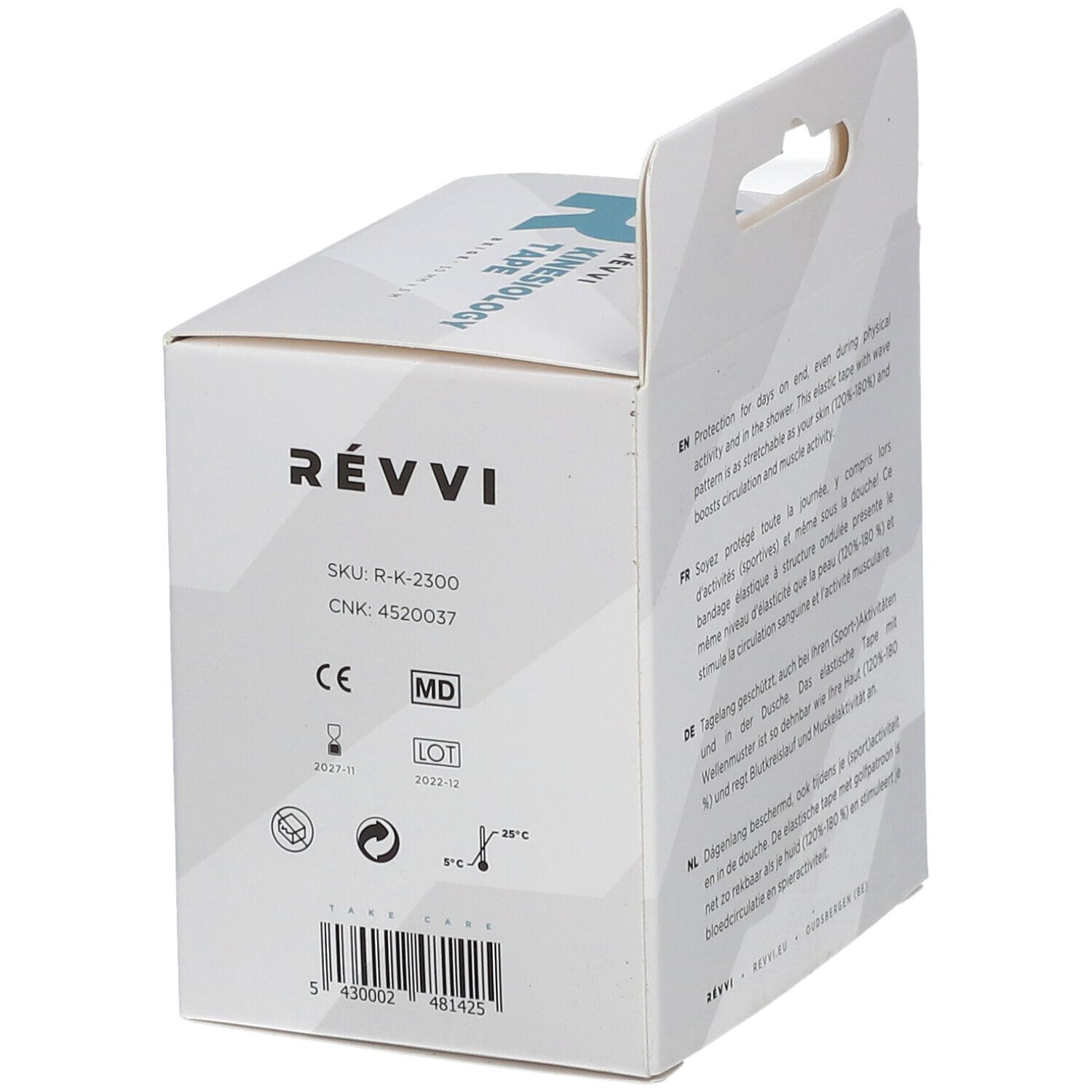 Achterkant van de verpakking met productinformatie. Kinesiotape. Merk RÉVVI. CE-markering, MD-symbool.