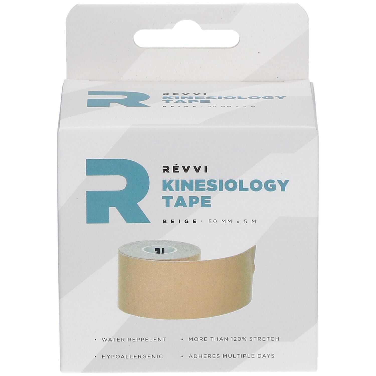 Kinesiotape in verpakking. Merk RÉVVI. Beige. 50 mm x 5 m. Waterafstotend, hypoallergeen, rekbaar.