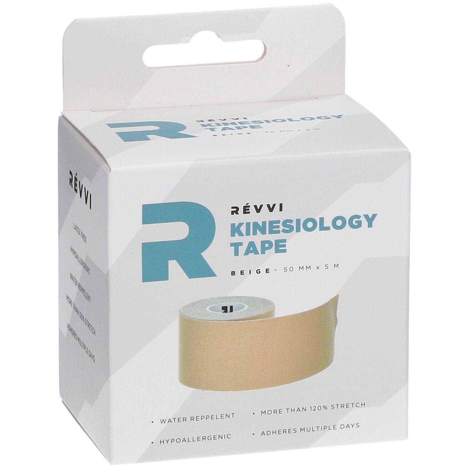 Kinesiotape in verpakking. Merk RÉVVI. Beige. 50 mm x 5 m. Waterafstotend, hypoallergeen, rekbaar.