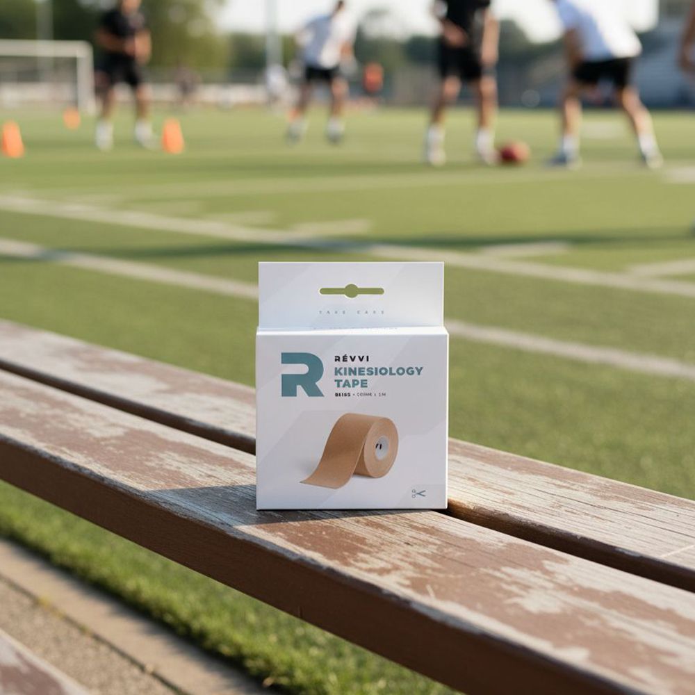 Boîte de ruban de kinésiologie sur un banc. Marque RÉVVI. Beige. Sur un terrain de sport.