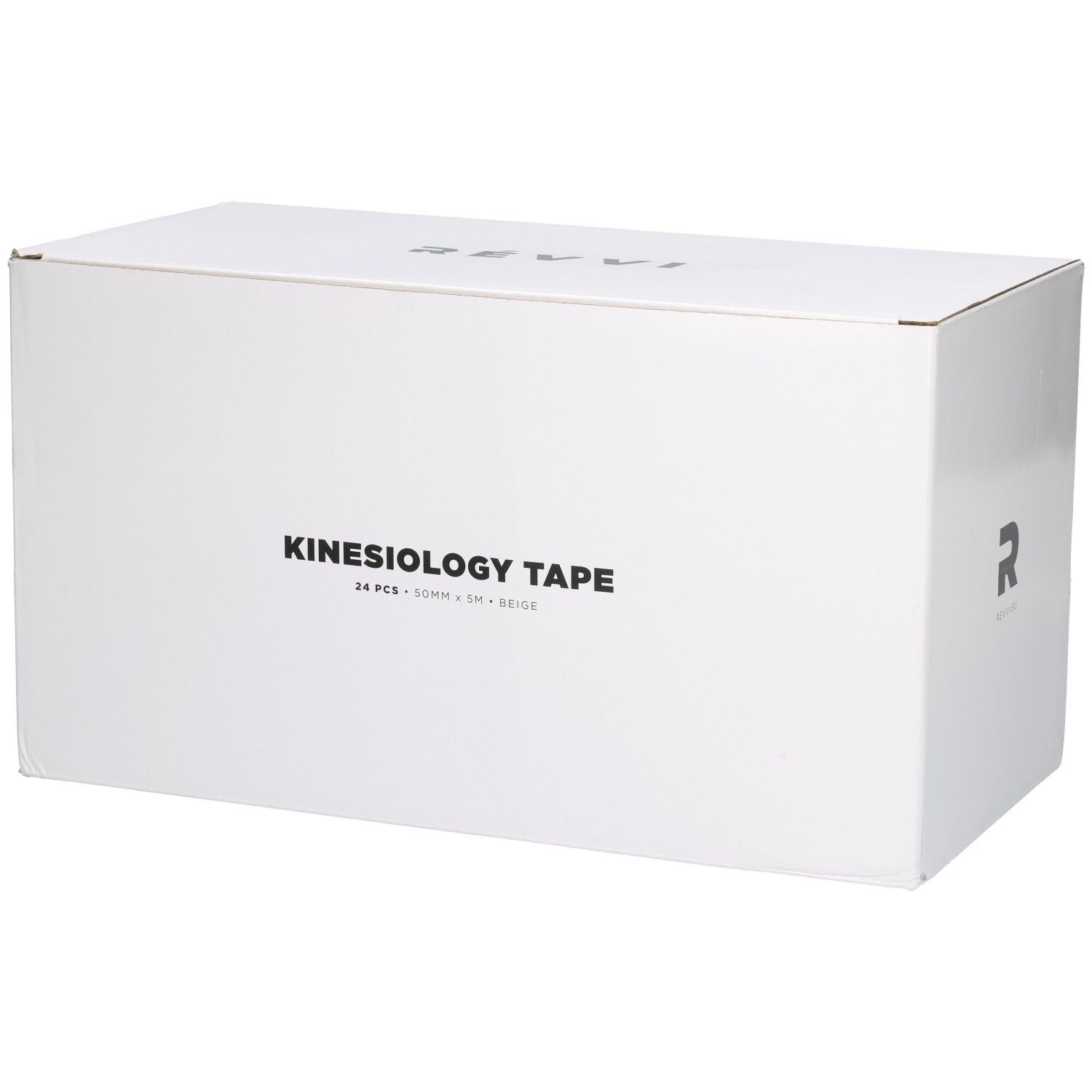 Witte kartonnen doos met opschrift "KINESIOLOGY TAPE" en "REVVI" logo.