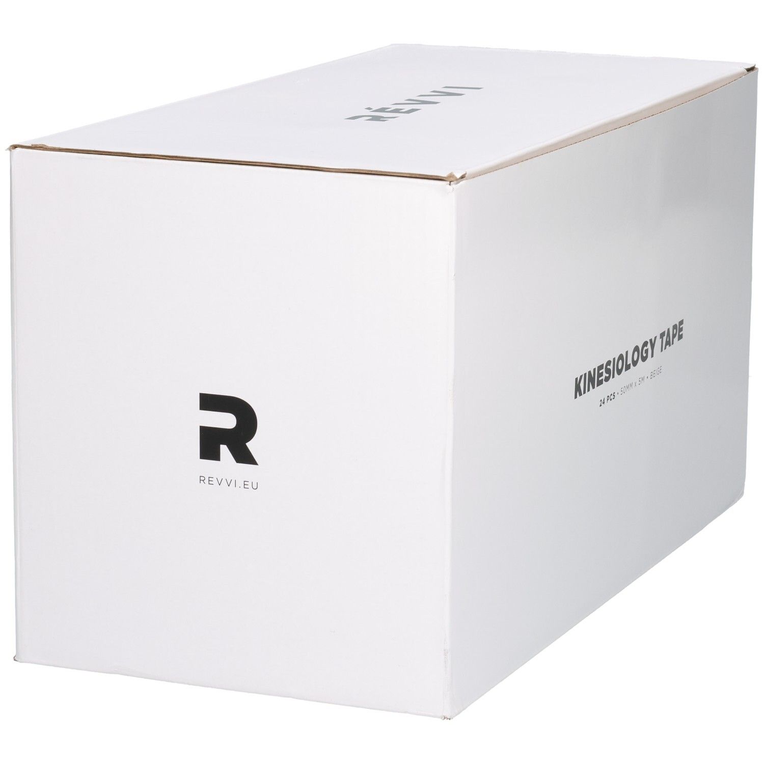 Witte kartonnen doos met "REVVI" logo en websiteadres "REVVI.EU".
