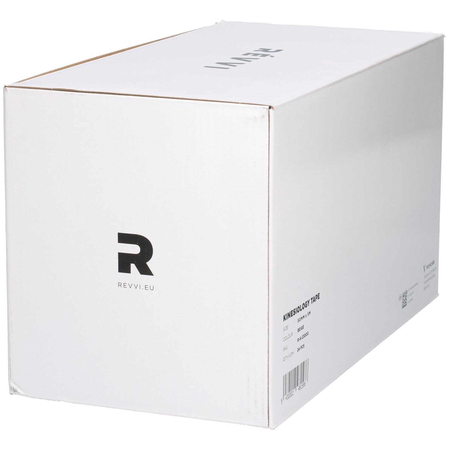 Zijaanzicht van een witte kartonnen doos met "REVVI" logo en productinformatie.