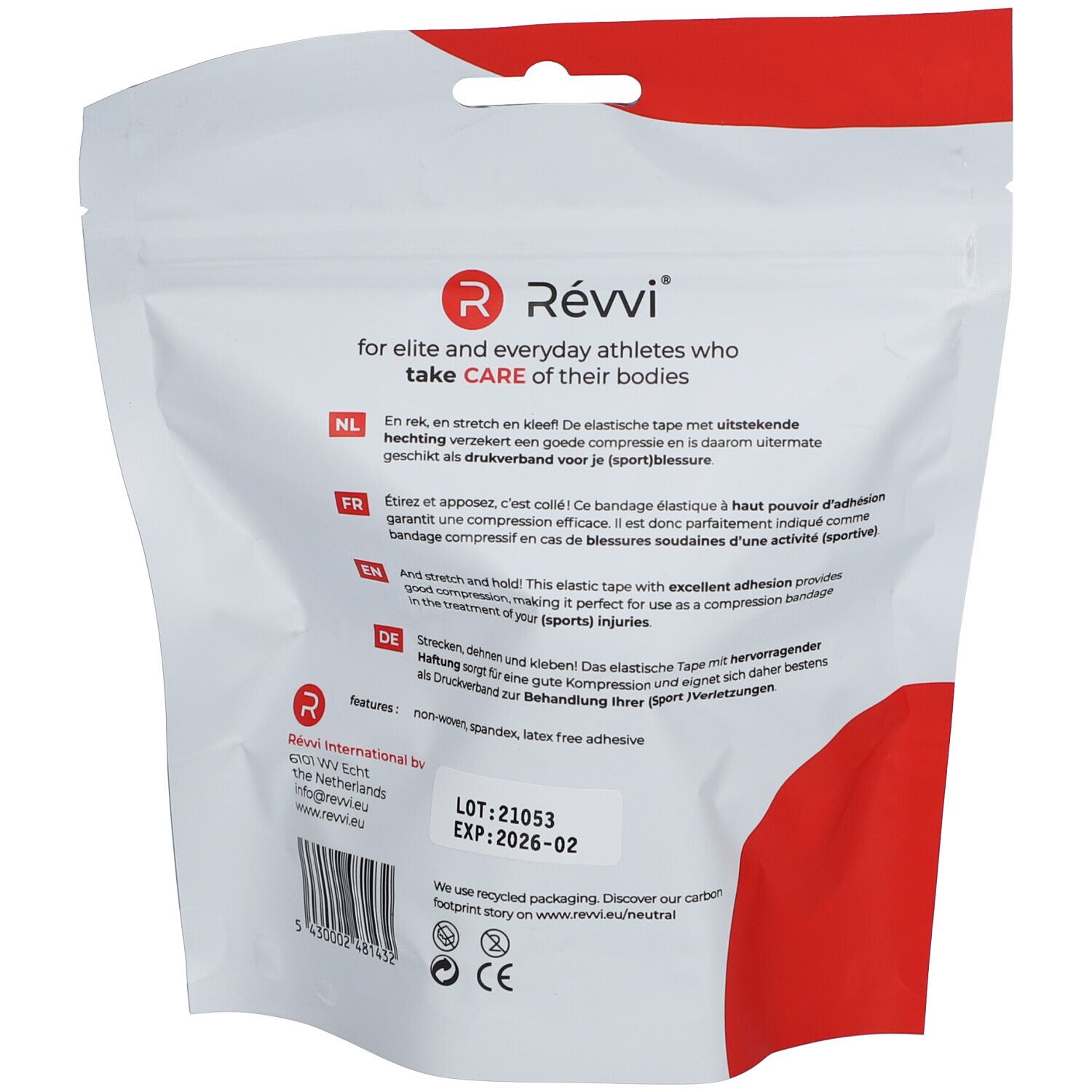 Dos de l'emballage avec texte multilingue. Contient des informations sur les ingrédients et la durabilité.