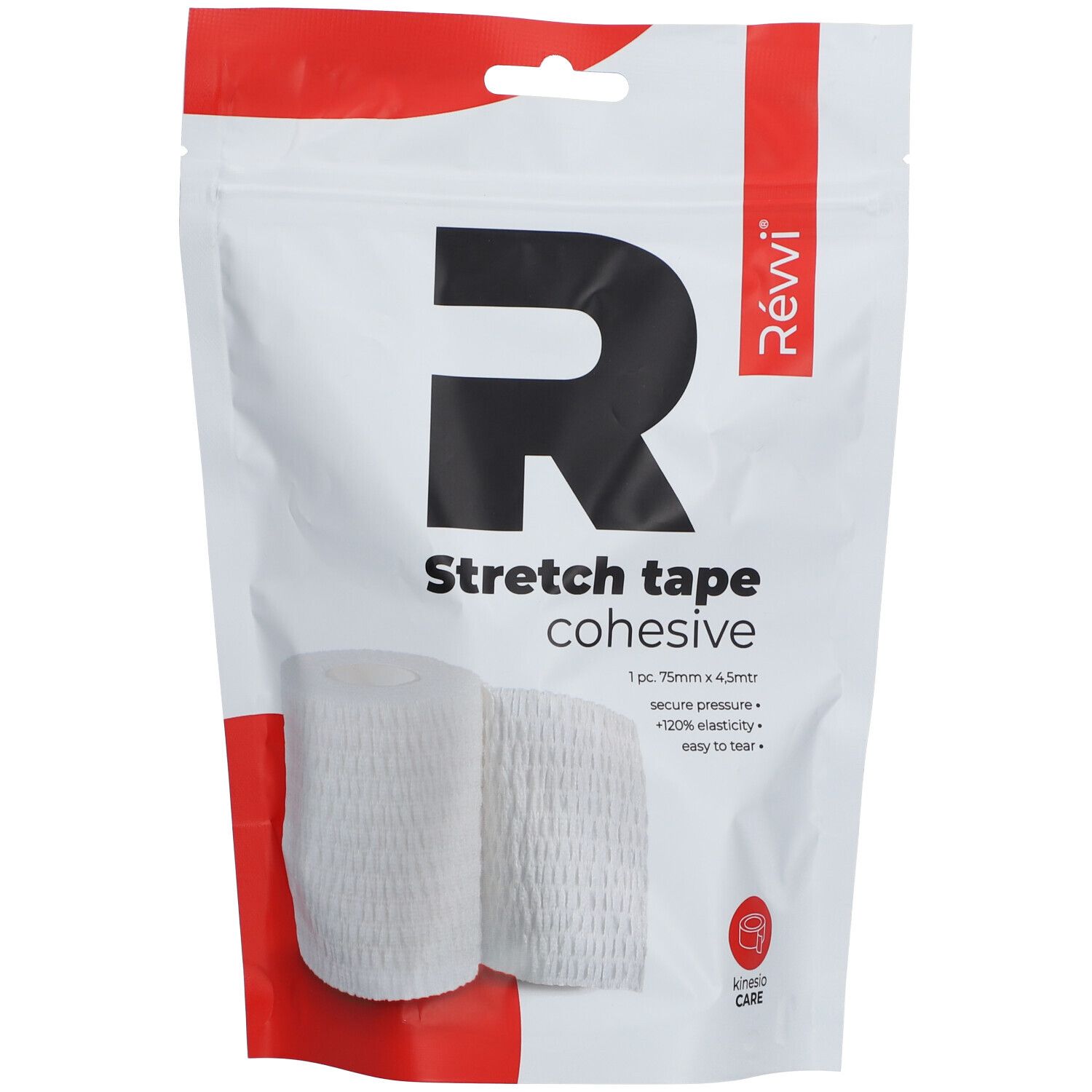 Wit, cohesief stretchtape in verpakking. Opdruk: RÉVVI, Stretch tape cohesive, 75 mm x 4,5 m. Zichtbaar: rol tape.