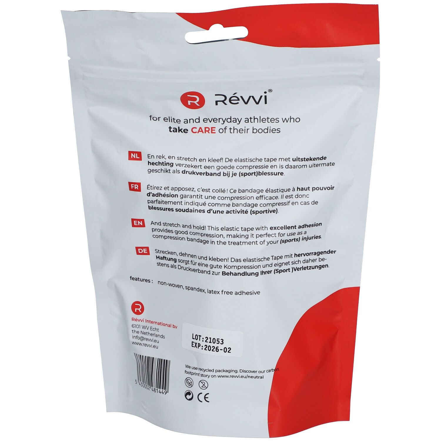 Achterkant van de verpakking met tekst. Tekst in Nederlands, Frans, Engels en Duits. Opdruk: RÉVVI, voor atleten, LOT- en EXP-gegevens.