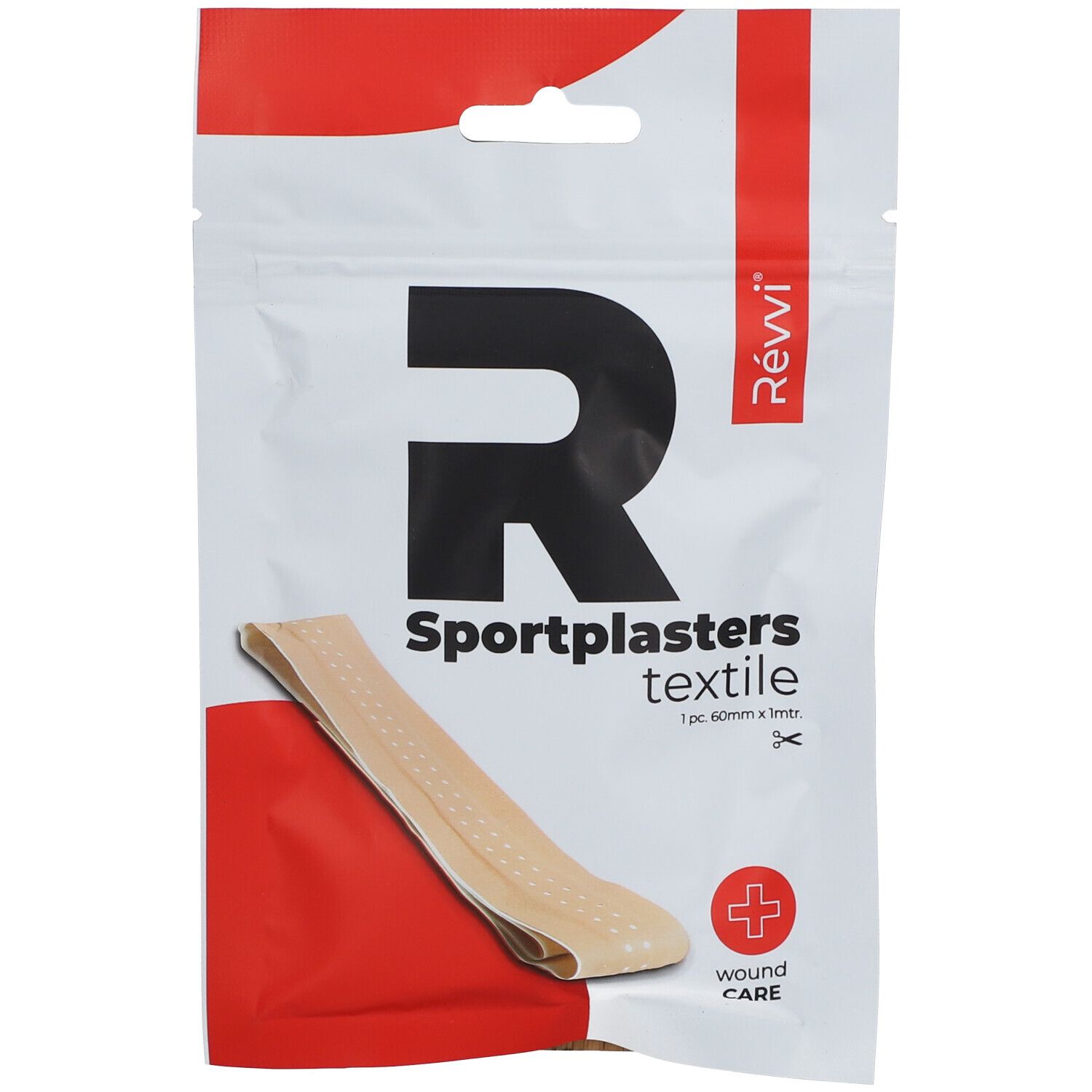 Emballage de pansements sport. Blanc avec accent rouge. Grand 'R' et 'Sportplasters textile'. 1 pièce, 60 mm x 1 m. Soin des plaies.