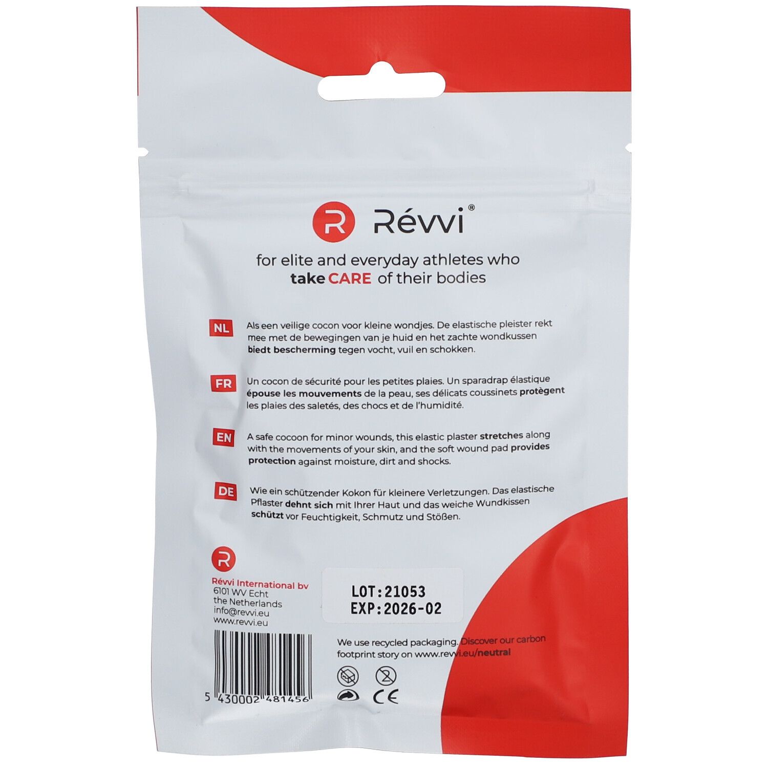 Dos de l'emballage avec texte. Logo 'Révvi'. Texte en néerlandais, français, anglais et allemand. Numéro de lot et date d'expiration.