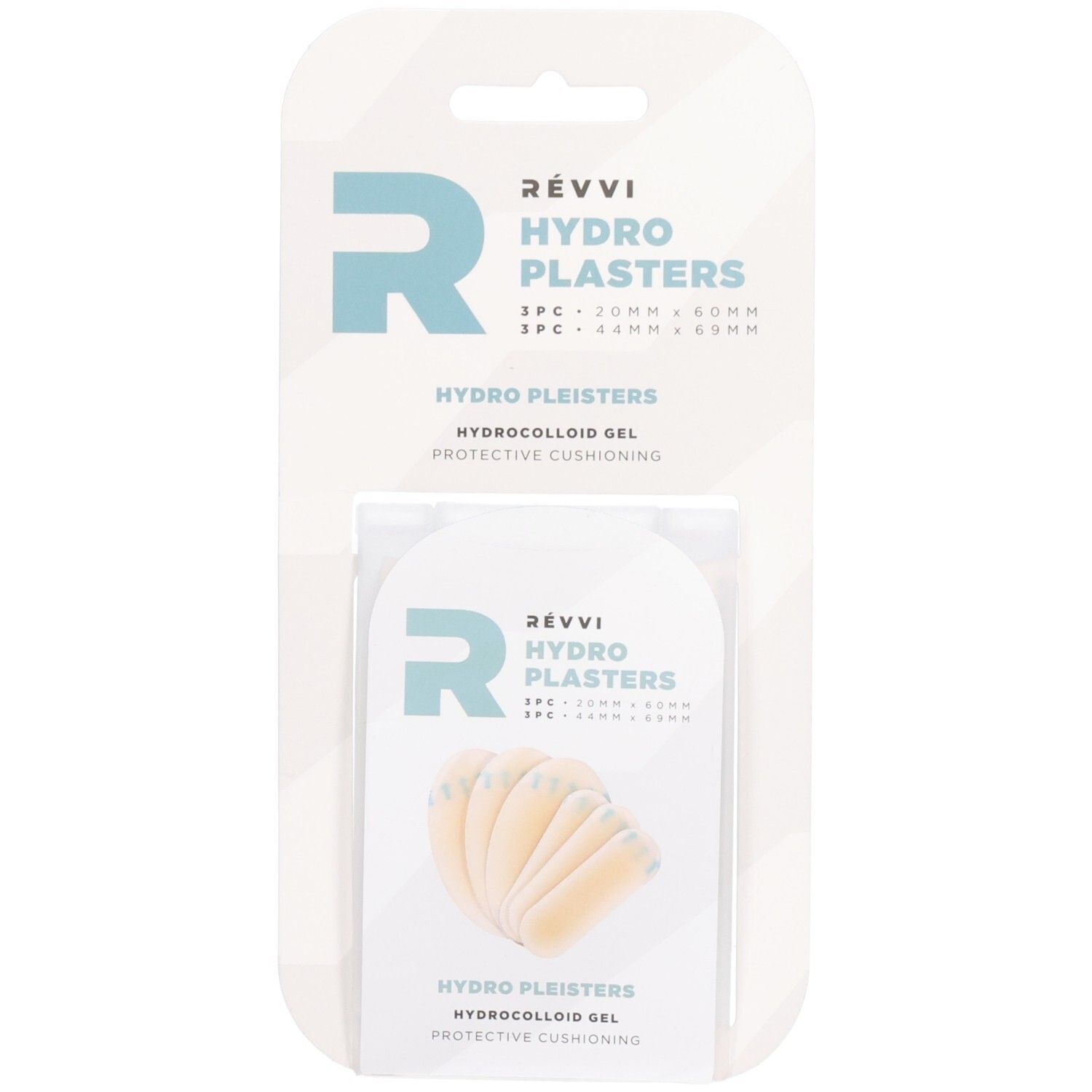 Verpakking met hydropleisters. Bevat 3 pleisters 20x60mm en 3 pleisters 44x69mm. Productnaam en logo zichtbaar.