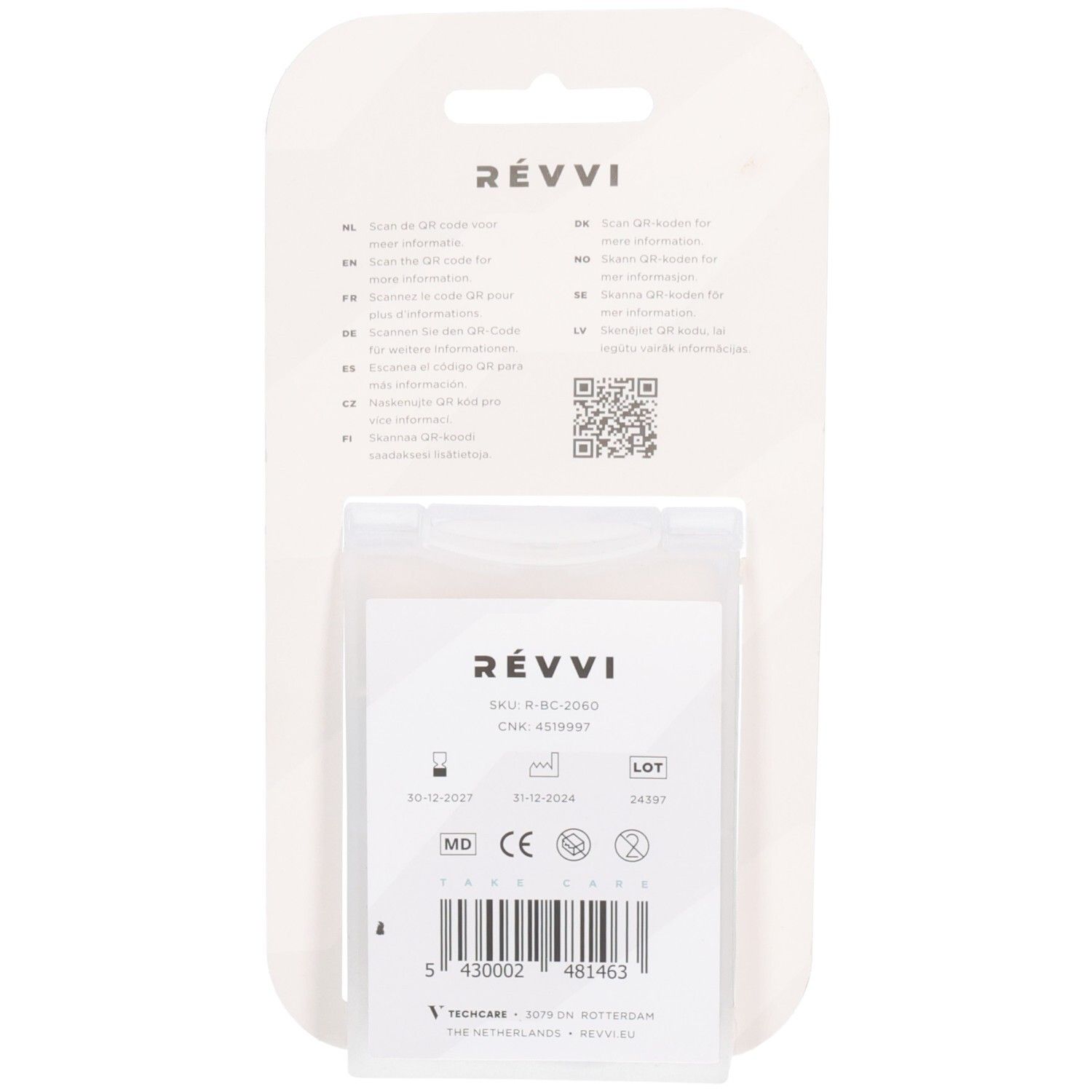 Achterkant van de verpakking met informatie. QR-code en productinformatie. Logo RÉVVI zichtbaar.