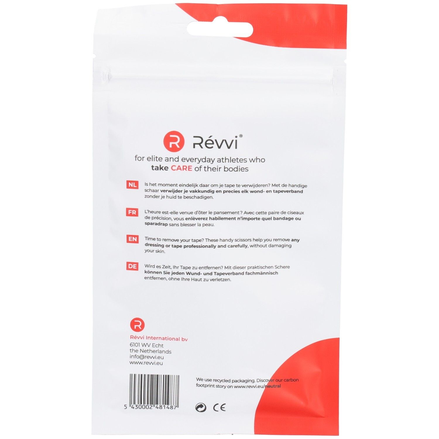 Achterkant van de verpakking. Tekst: RÉVVI, voor atleten. Teksten in NL, FR, EN, DE. Logo RÉVVI. Fabrikant informatie.