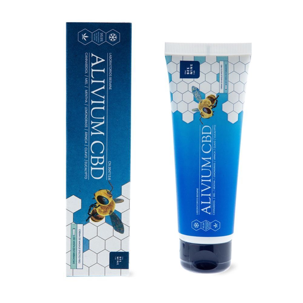 Tube en doos. Opschrift: Alivium CBD, Laboratoires Beemine. Bijenlogo.