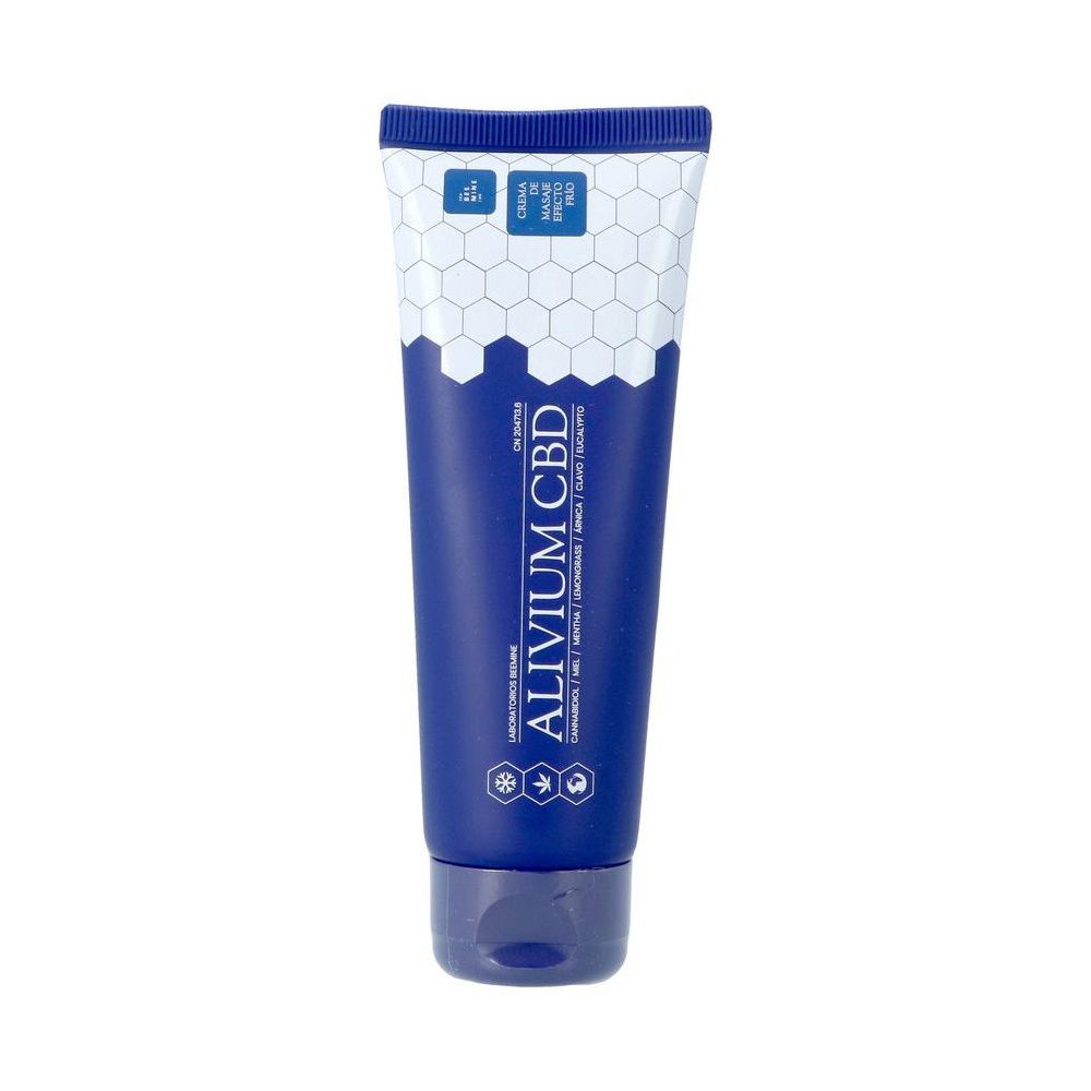 Blauwe tube met witte dop. Opschrift: Alivium CBD, Laboratoires Beemine. Zeshoekig patroon.