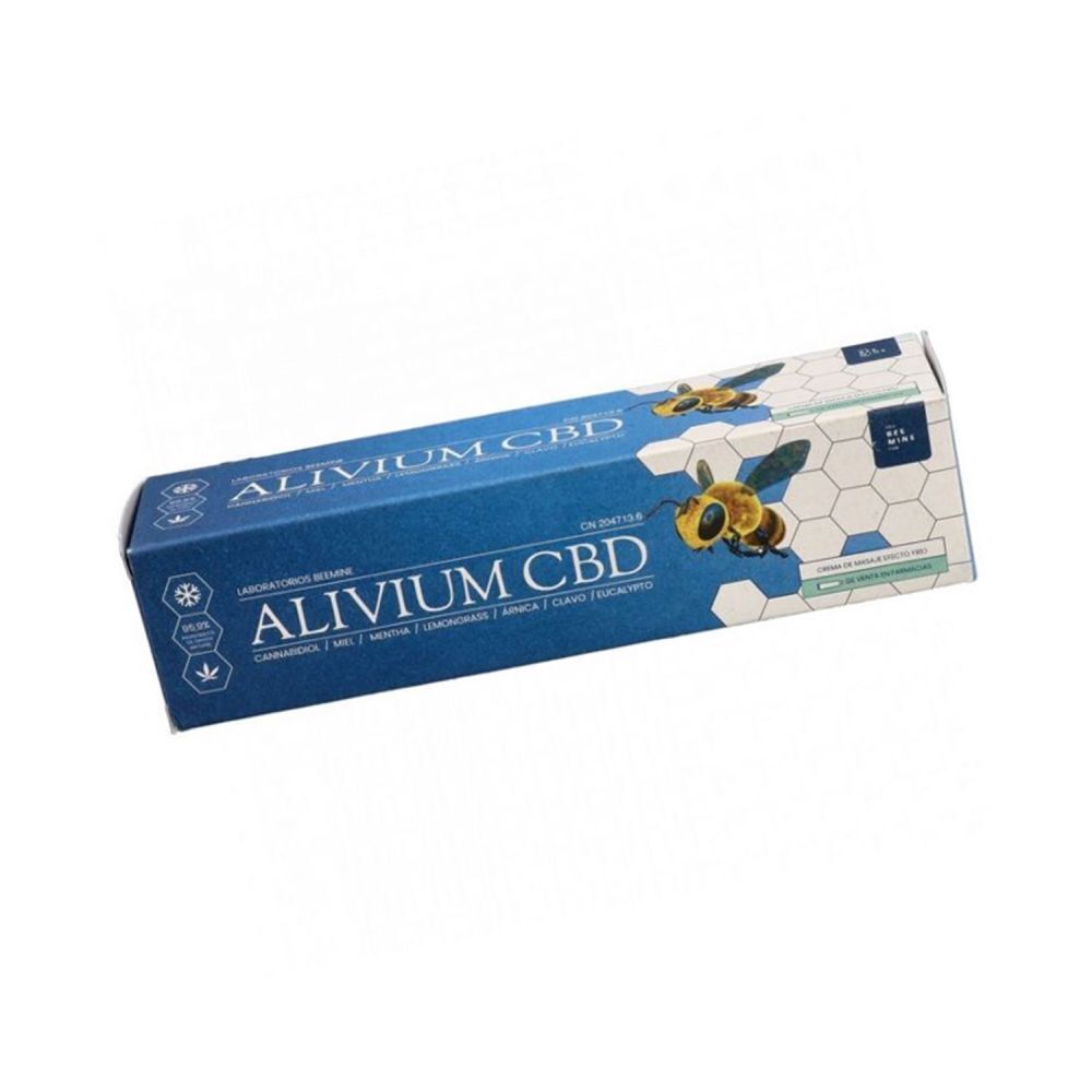 Productverpakking. Opschrift: Alivium CBD. Bijenlogo. Merk: The Beemine Lab.