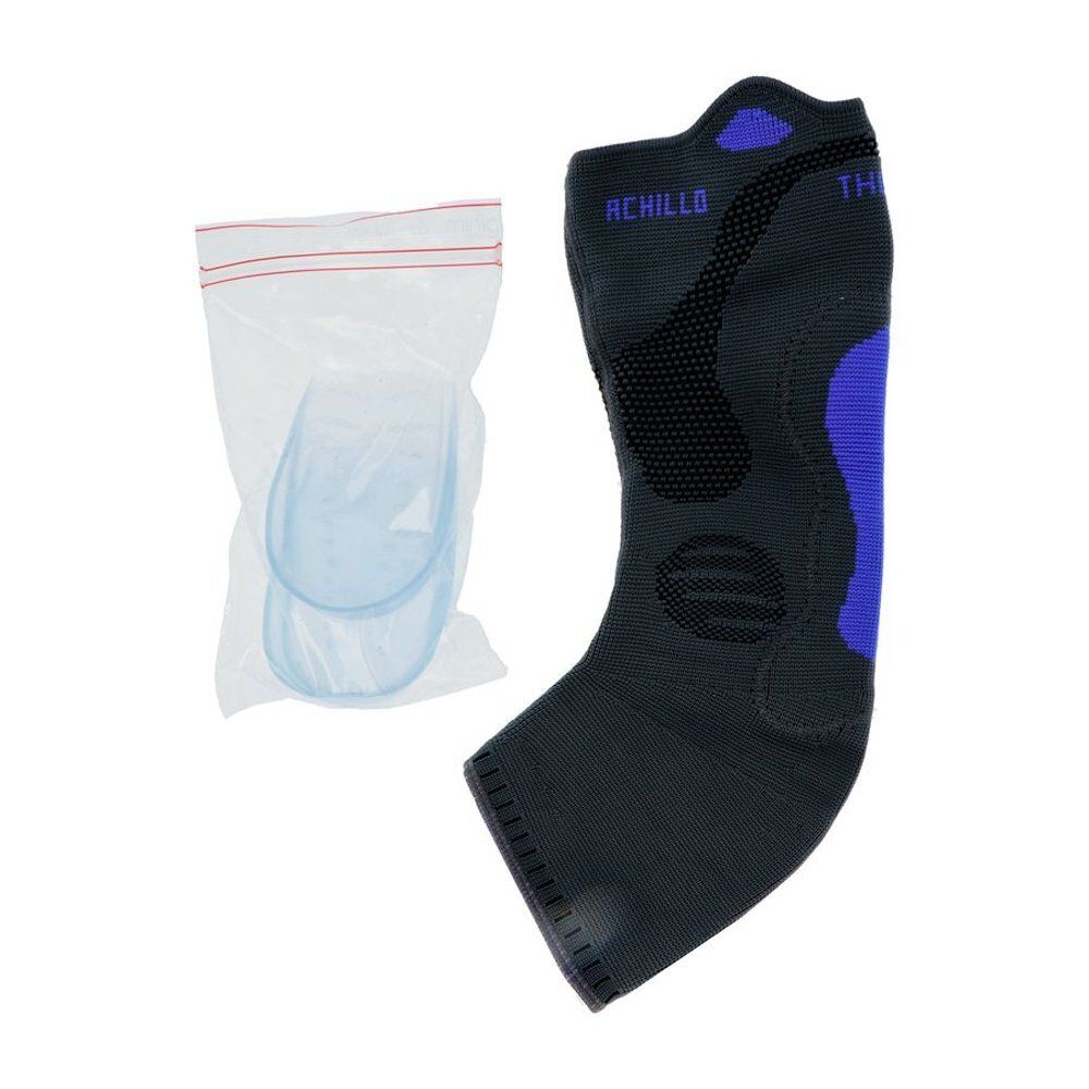 Attelle de cheville noire et bleue et deux coussinets bleus dans un sac plastique. Texte : ACHILLO, THUASNE.