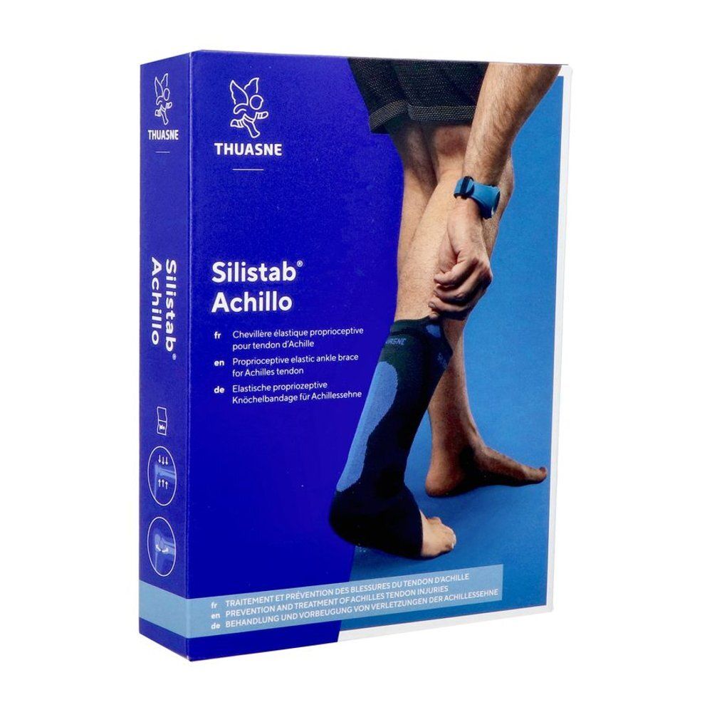 Verpakking met enkelbrace op been. Tekst: THUASNE, Silistab Achillo, Proprioceptieve elastische enkelbrace.