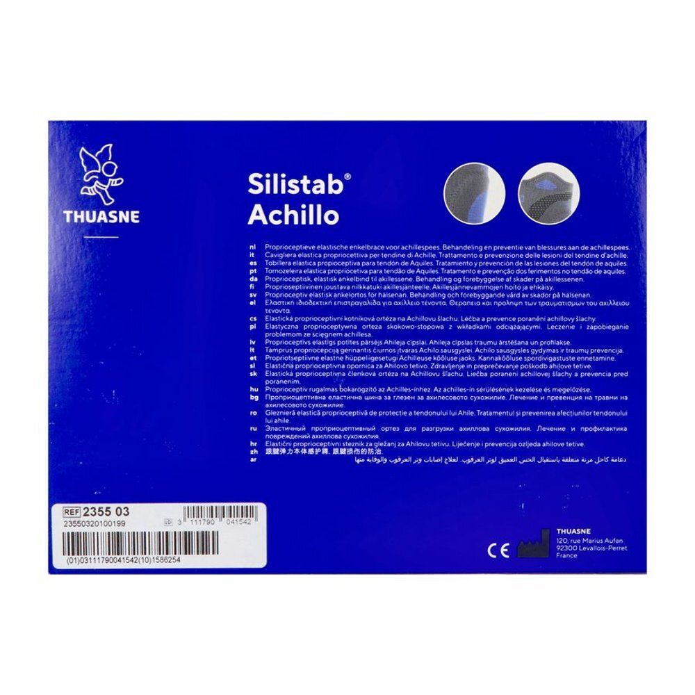 Blauwe verpakking met tekst: THUASNE, Silistab Achillo. Meertalige informatie. CE-markering.