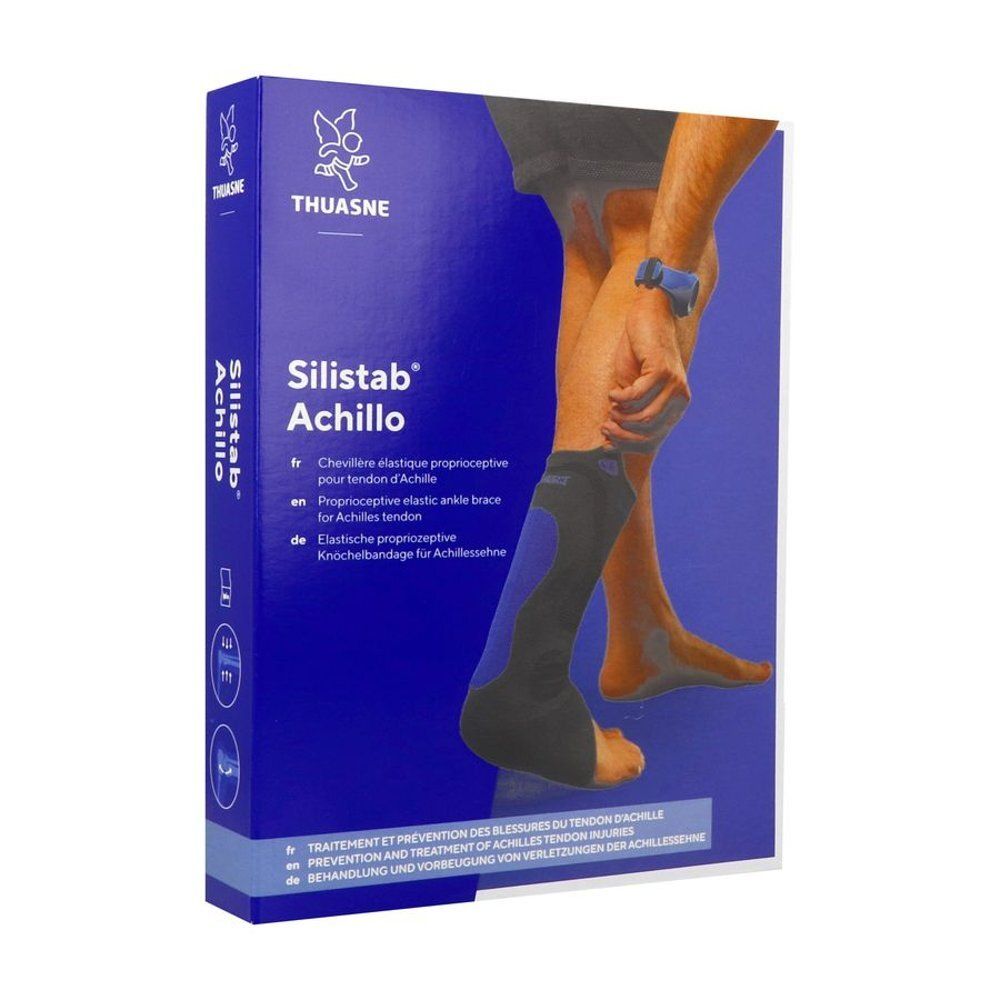 Emballage du produit avec illustration d'une jambe portant une attelle d'Achille. Emballage bleu et blanc avec nom du produit.