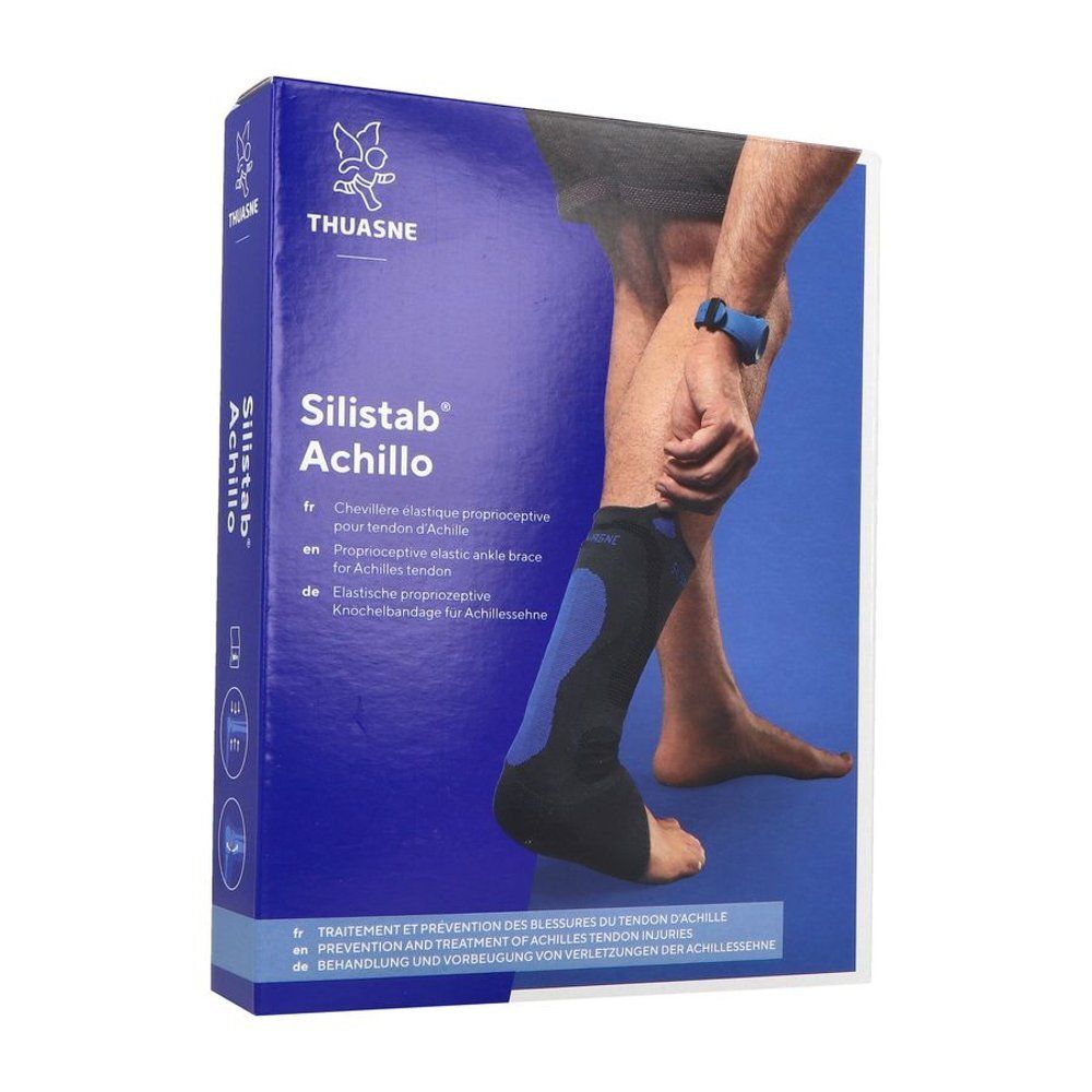 Emballage du produit avec illustration d'une jambe portant une attelle d'Achille. Emballage bleu et blanc avec nom du produit.