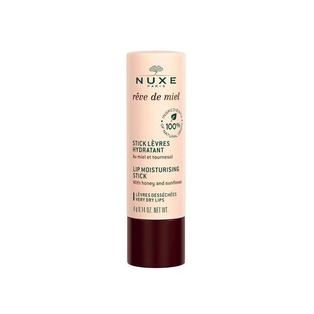 Nuxe Rêve de Miel hydraterende lippenbalsem stick, 4g, geopend. Met honing en zonnebloem. 100% natuurlijke ingrediënten.