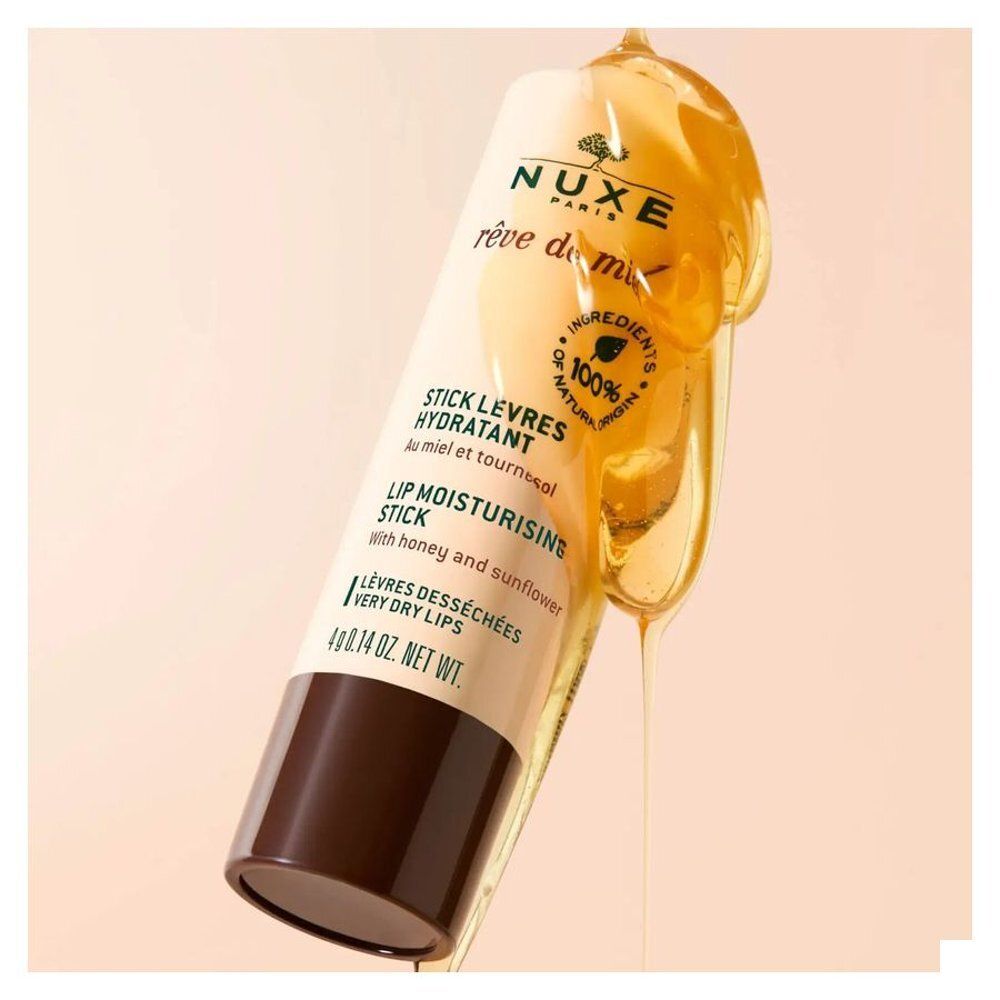 Nuxe Rêve de Miel stick lèvres hydratant, 4g, nappé de miel. Au miel et tournesol. Ingrédients 100% naturels.