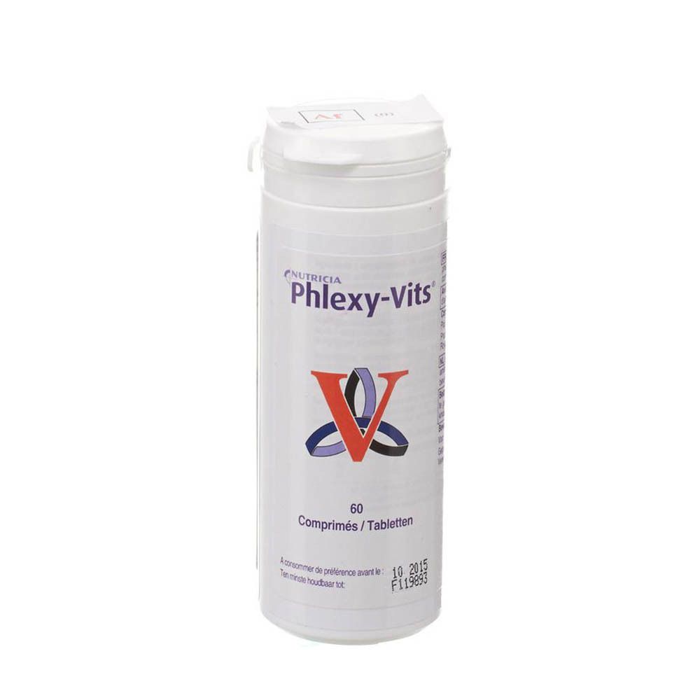 Flacon cylindrique blanc avec couvercle rabattable. Inscription: Nutricia Phlexy-Vits, logo, 60 comprimés. Date.