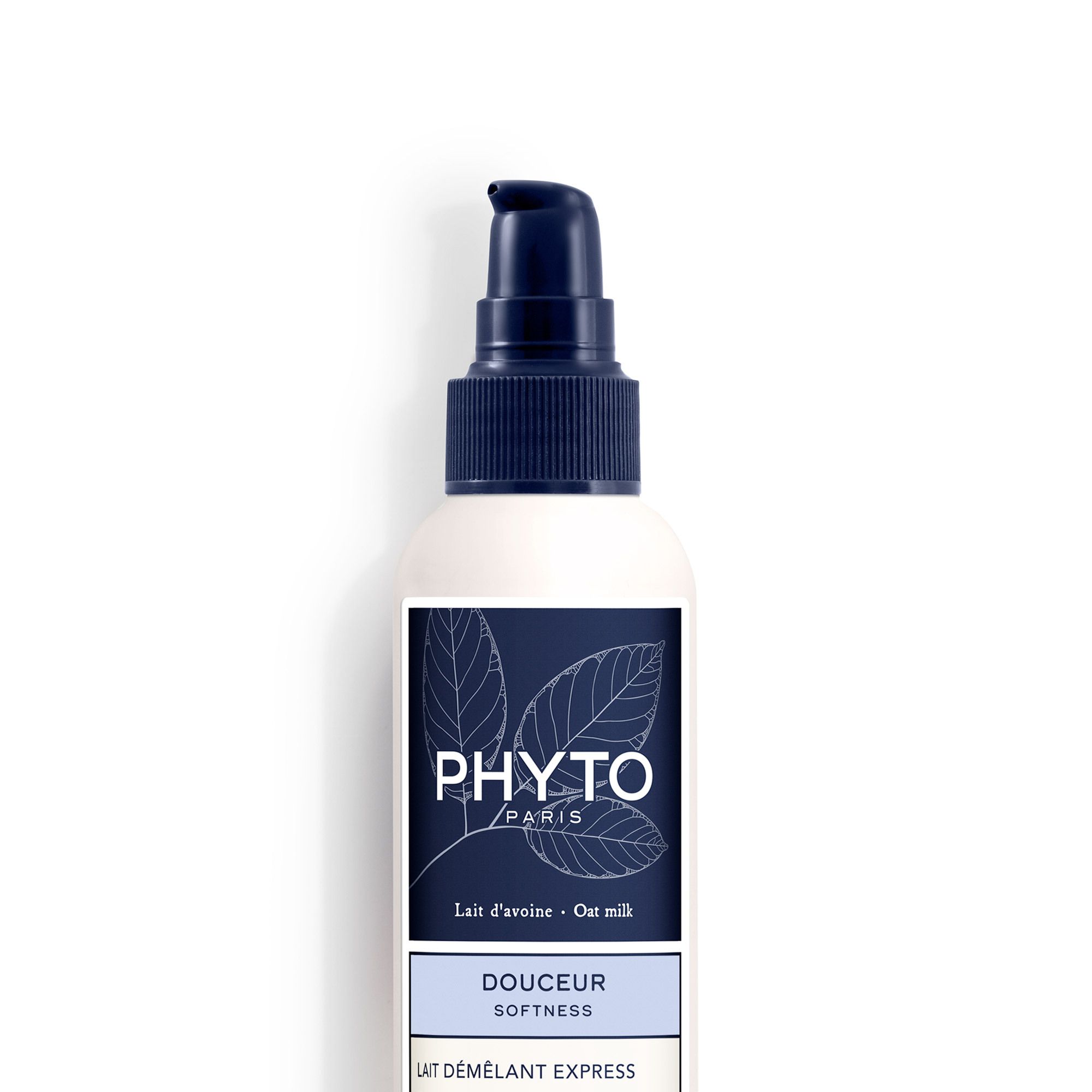 Spray blanc, pompe bleue. Inscription: PHYTO PARIS, Douceur Softness, Lait Démêlant Express.