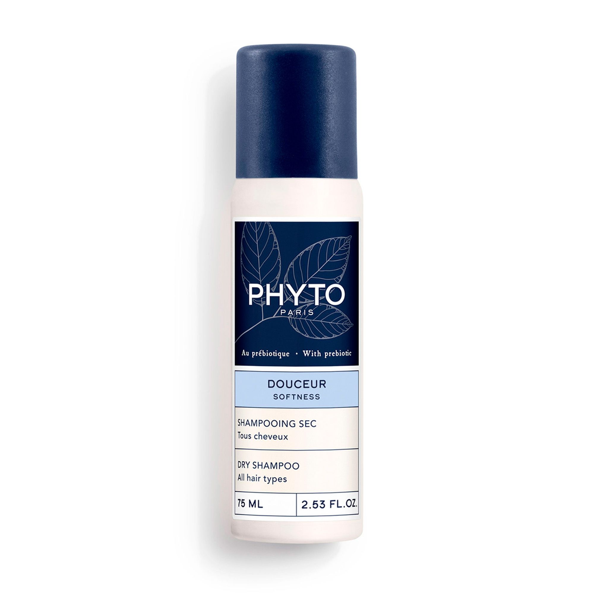 Wit en blauw spuitflesje met blauwe dop. Opschrift PHYTO PARIS, Douceur Softness, Dry Shampoo. 75 ml, 2.53 FL.OZ.